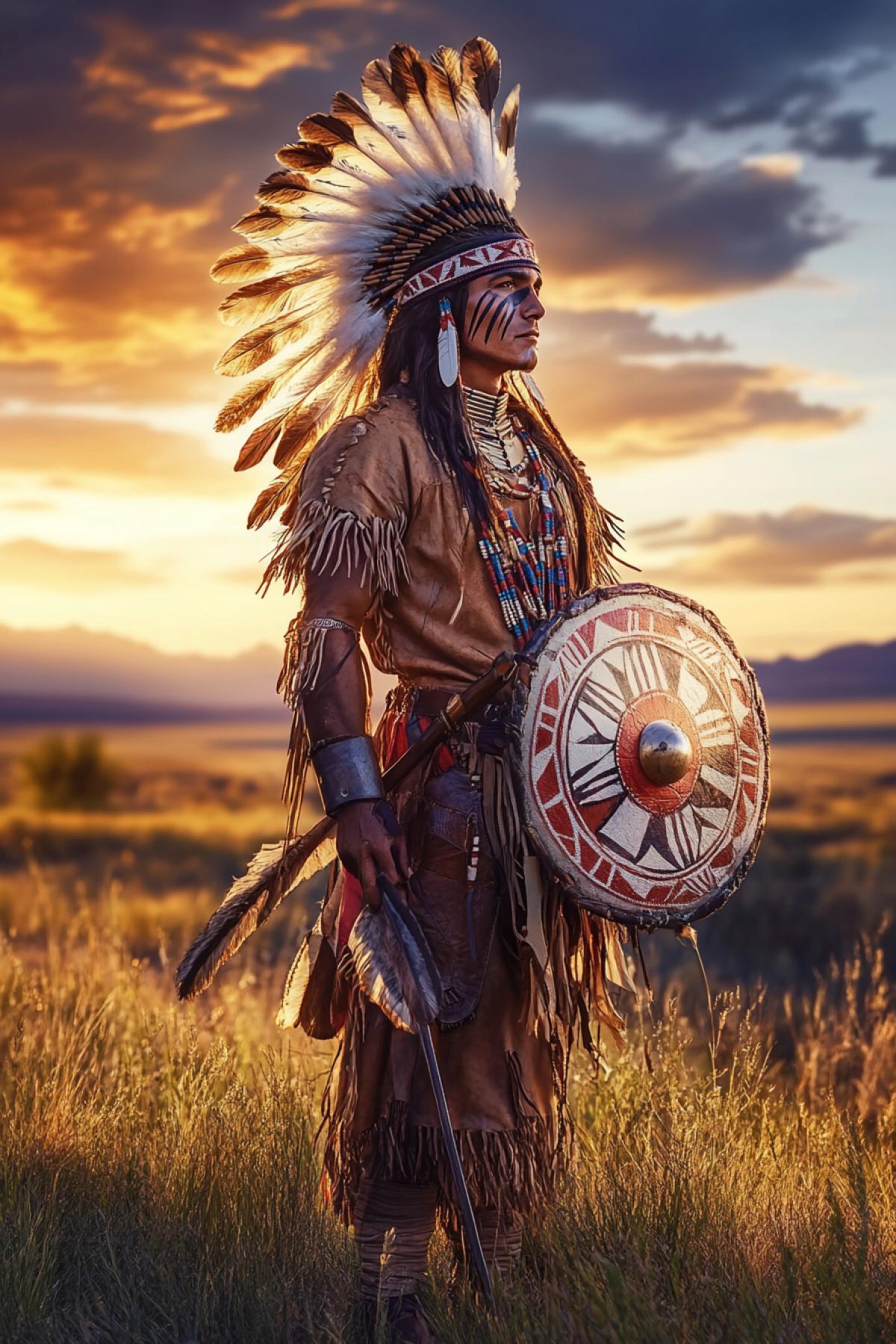 A proud Native American Sioux warrior, standing on a grassy plain, wearing a feathered headdress, leather garments, and war paint. He holds a spear and a decorated shield, with a dramatic sunset casting long shadows. The background shows a vast prairie and distant mountains. Hyper-realistic, warm tones, intricate details, cinematic depth, 8K resolution