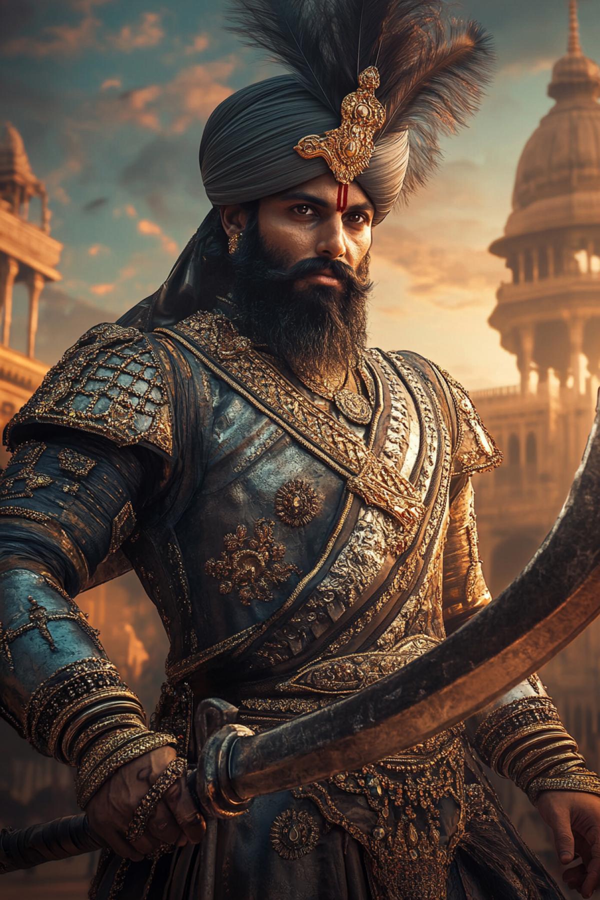 A majestic Rajput warrior from India, standing in a grand palace courtyard, wearing ornate armor with gold and silver embellishments, a turban with a feather, and holding a curved talwar sword. The background features intricate architecture and a glowing sunset. Ultra-detailed, rich colors, dramatic lighting, cinematic com4k, 8K resolution