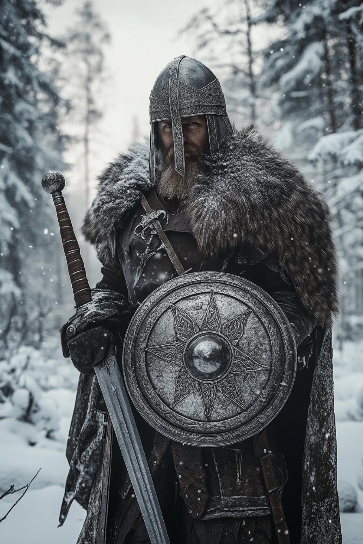 A mighty Russian bogatyr, standing in a snowy forest, wearing chainmail, a fur-lined cloak, and a traditional helmet with a cross. He holds a massive sword and a round shield with Slavic patterns. The background shows a winter landscape with snow-covered trees and a faint glow of the northern lights. Hyper-realistic, cold tones, intricate details, cinematic atmosphere, 8K resolution