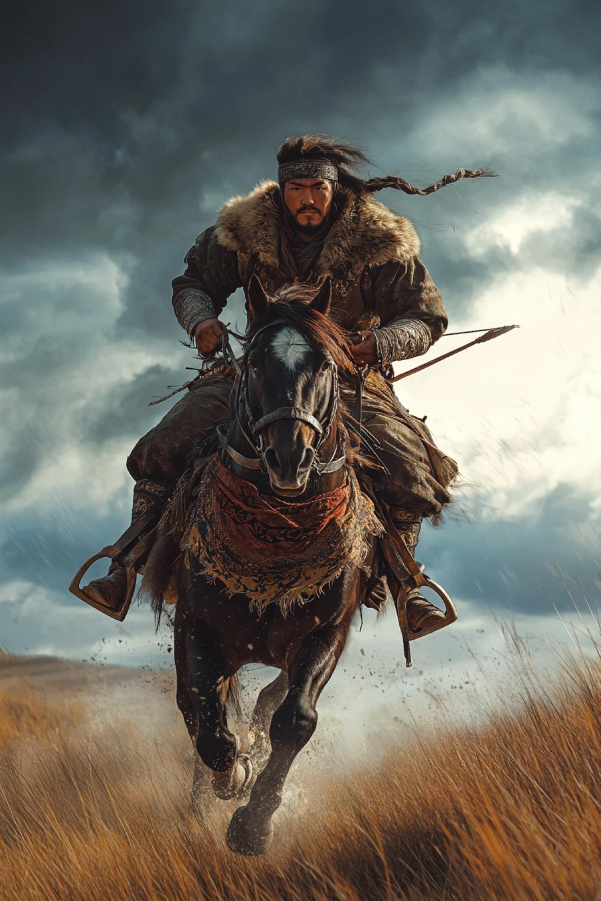 A Mongolian warrior on horseback, galloping across the vast steppe. He wears a traditional deel, a fur hat, and carries a composite bow. The background shows endless grasslands and a stormy sky. Hyper-realistic, dynamic motion, wind-swept details, cinematic atmosphere, 8K resolution
