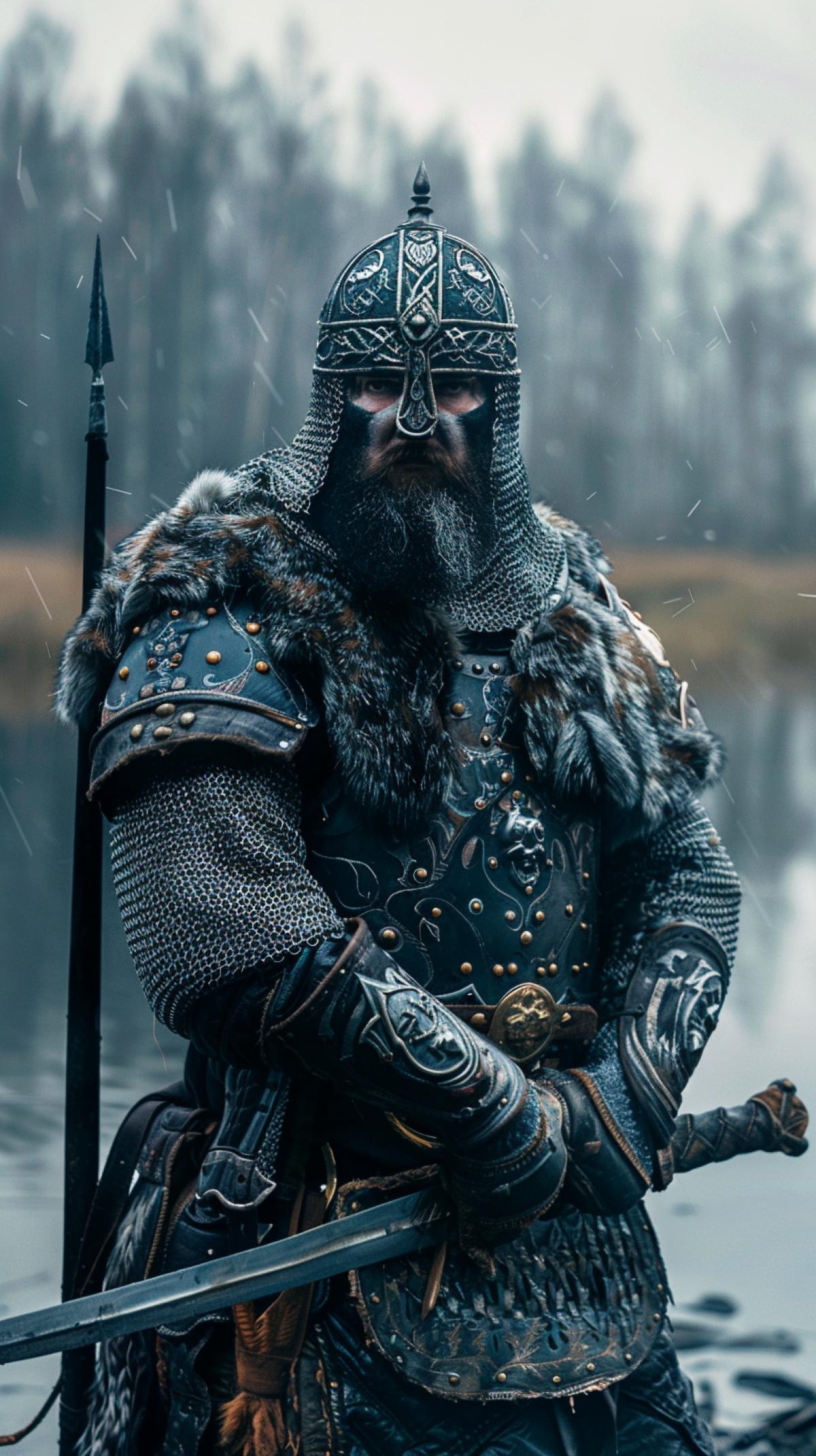 The image of a courageous Russian warrior, against the backdrop of the taiga, elements of national costume, weapons and armor, traditional ornaments, symbols and historical attributes, highquality photographs, glare on the lake and weapons, epic 4k