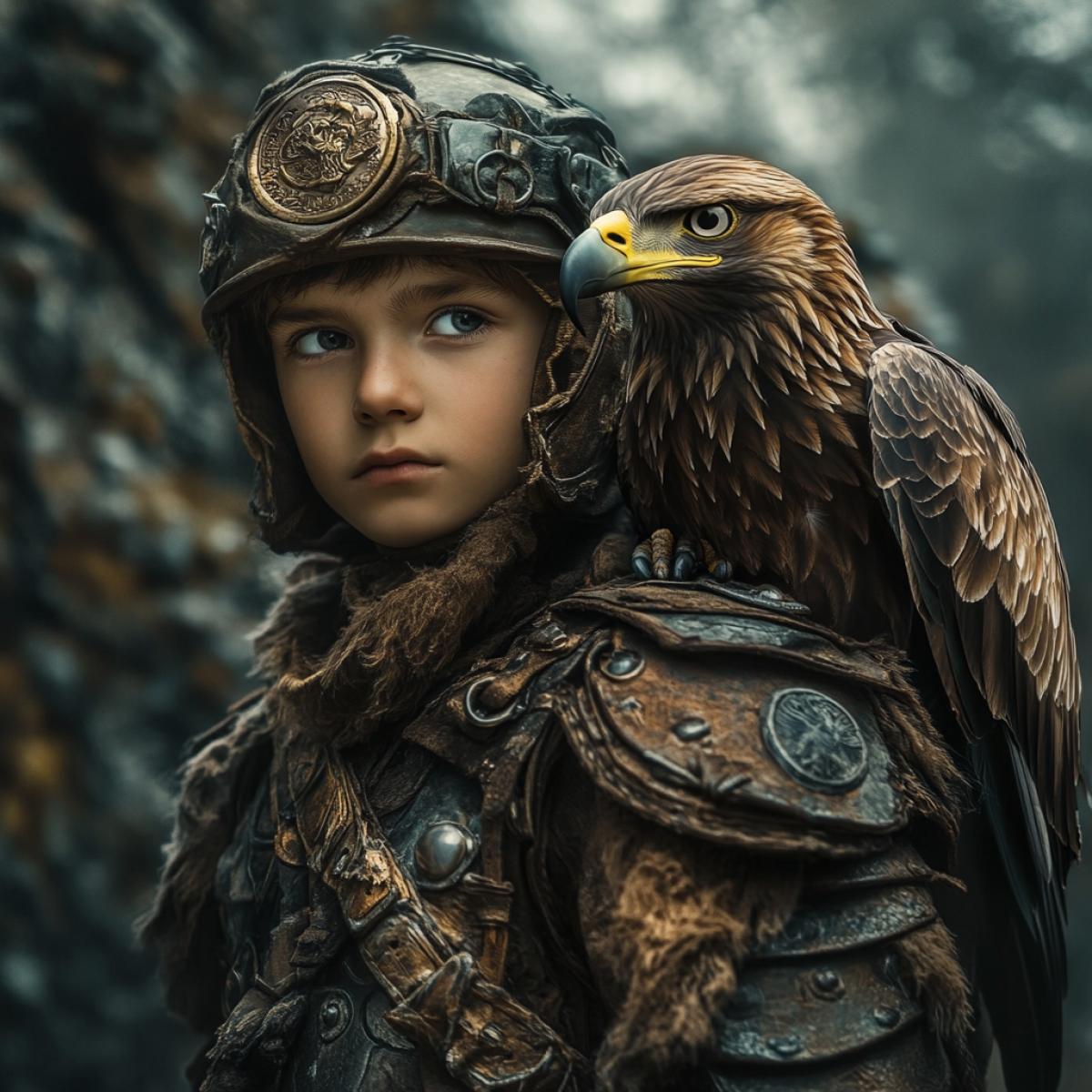 Russian boy- a teenager warrior in armor, an eagle, fabulous jungle, photorealism, dynamically, surrealism, realistically, high quality, professionally, haze, professional photo, high resolution, 4K sits on his shoulder