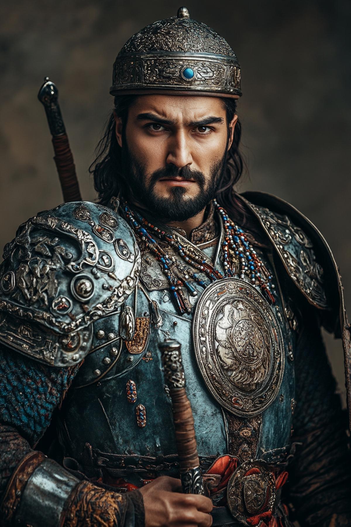 Tatar warrior in armor and combat clothing with national jewelry and ornament
