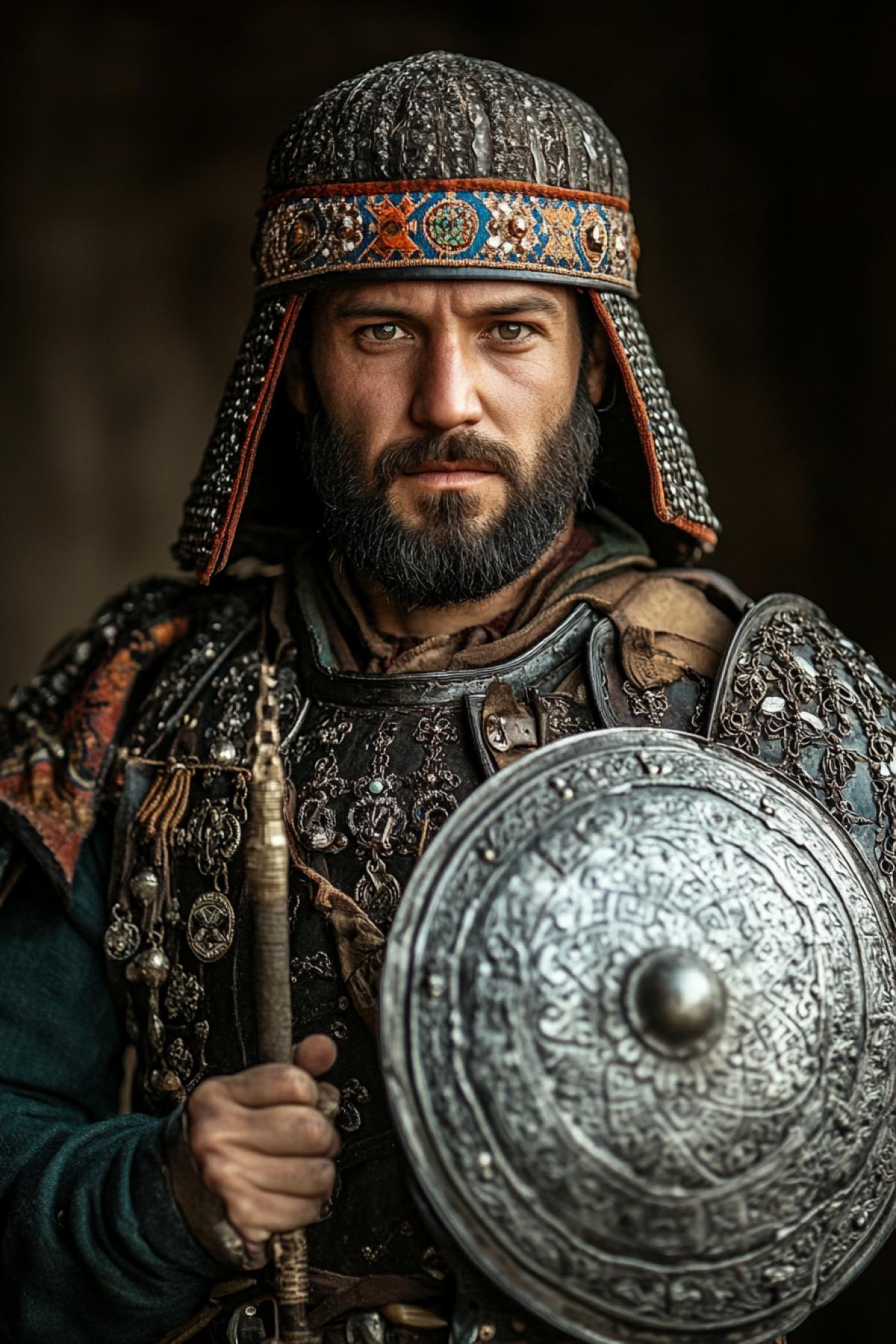 Tatar warrior in armor and combat clothing with national jewelry and ornament