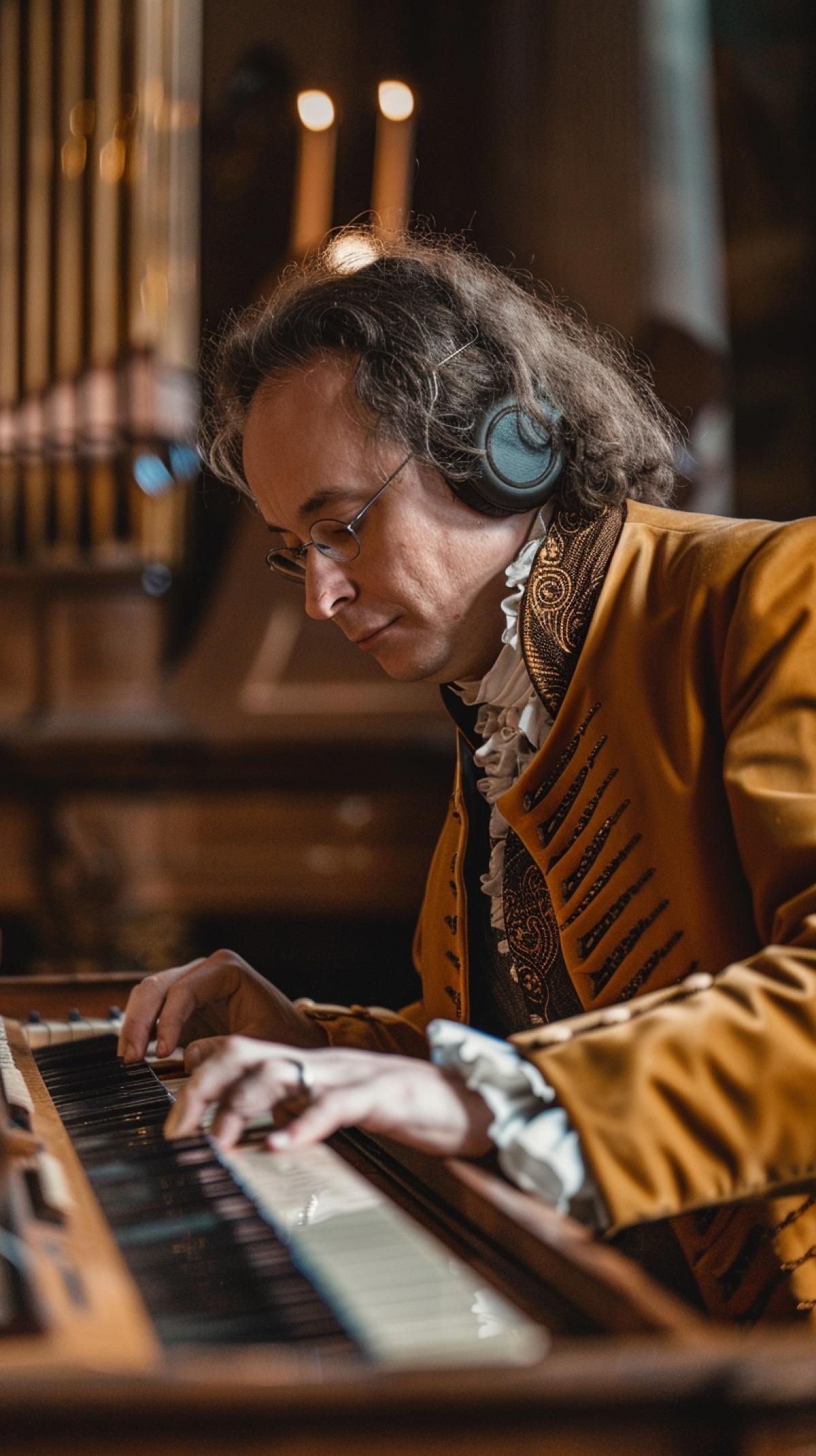 Long Shot Johann Sebastian Bach: 1 plays an organ in bright yellow headphones, an atmosphere of concert, an expressive game, facial expressions of an inspired performer