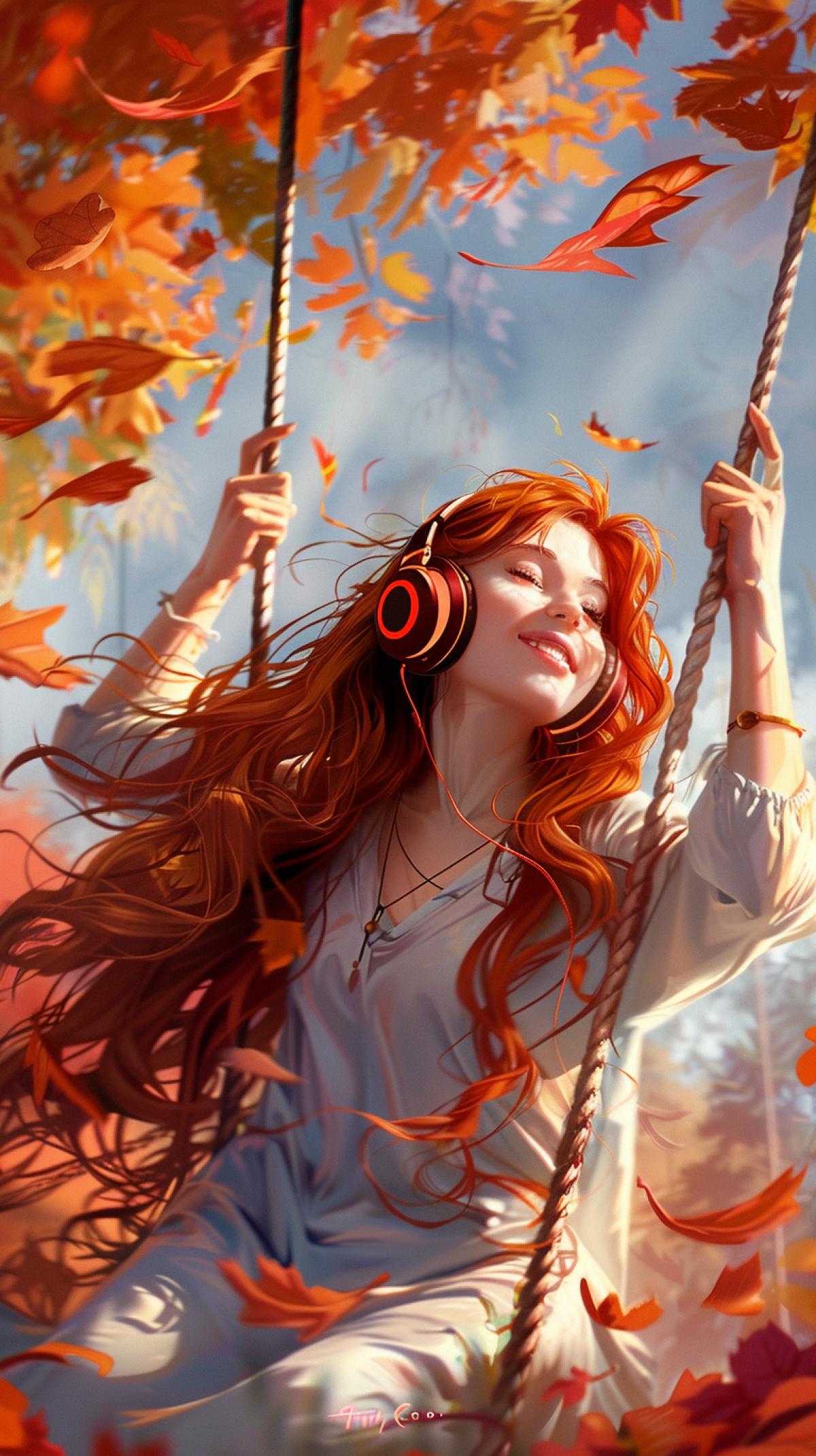 A girl with long red hair in bright headphones sways on a swing smiles, atmosphere of joy