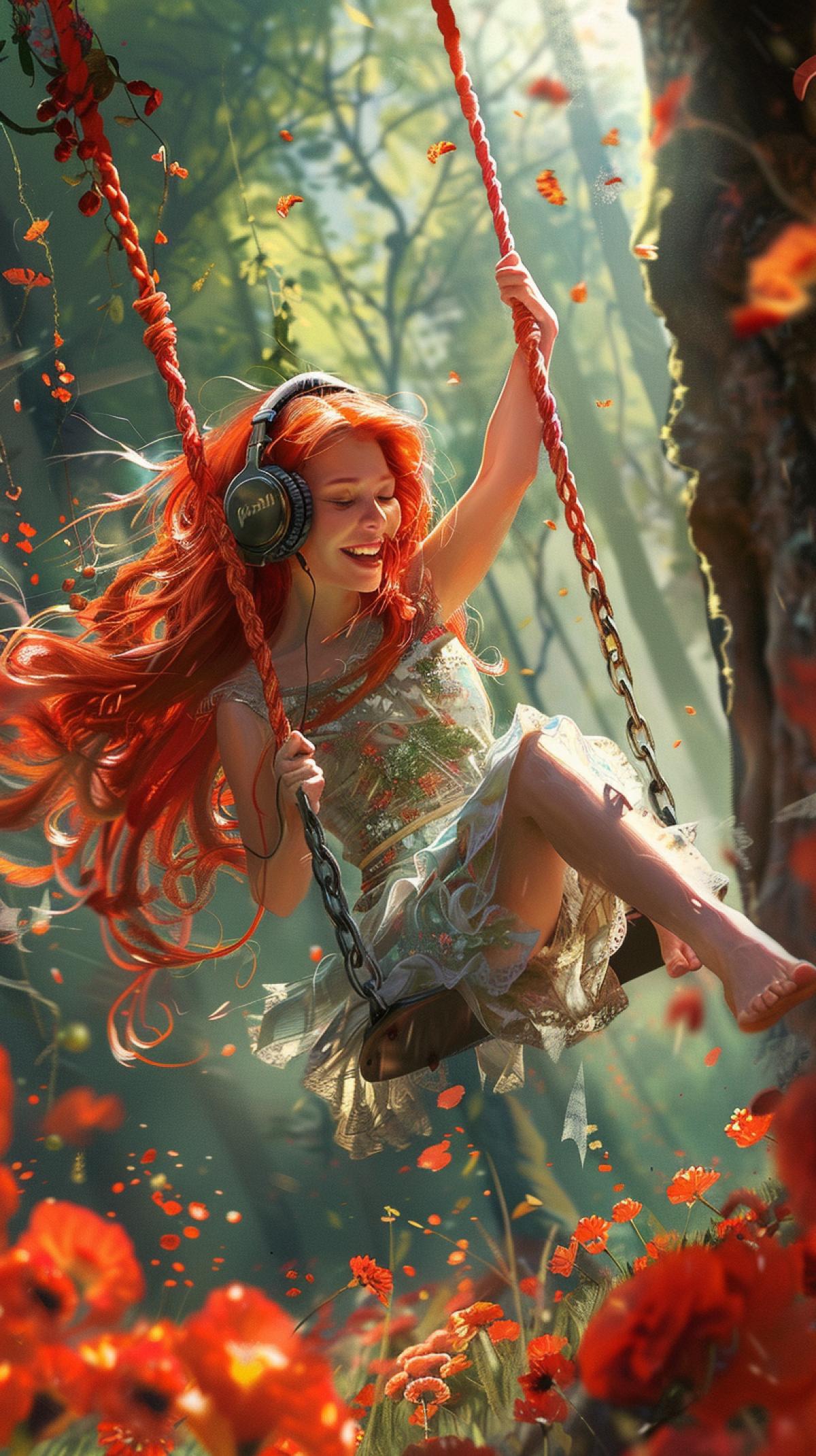 A girl with long red hair in bright headphones sways on a swing smiles, atmosphere of joy