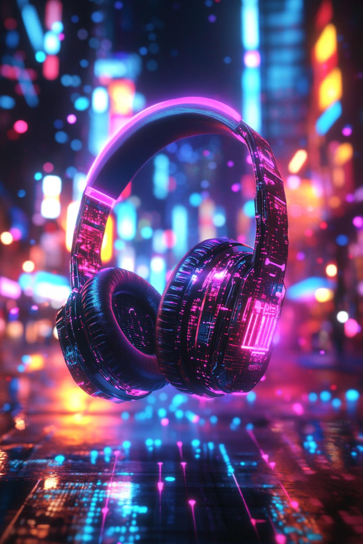 Futuristic neon headphones floating in a cyberpunk cityscape, glowing with vibrant colors, surrounded by holographic sound waves, ultra-detailed, 8K resolution, cinematic lighting, vibrant and dynamic com4k
