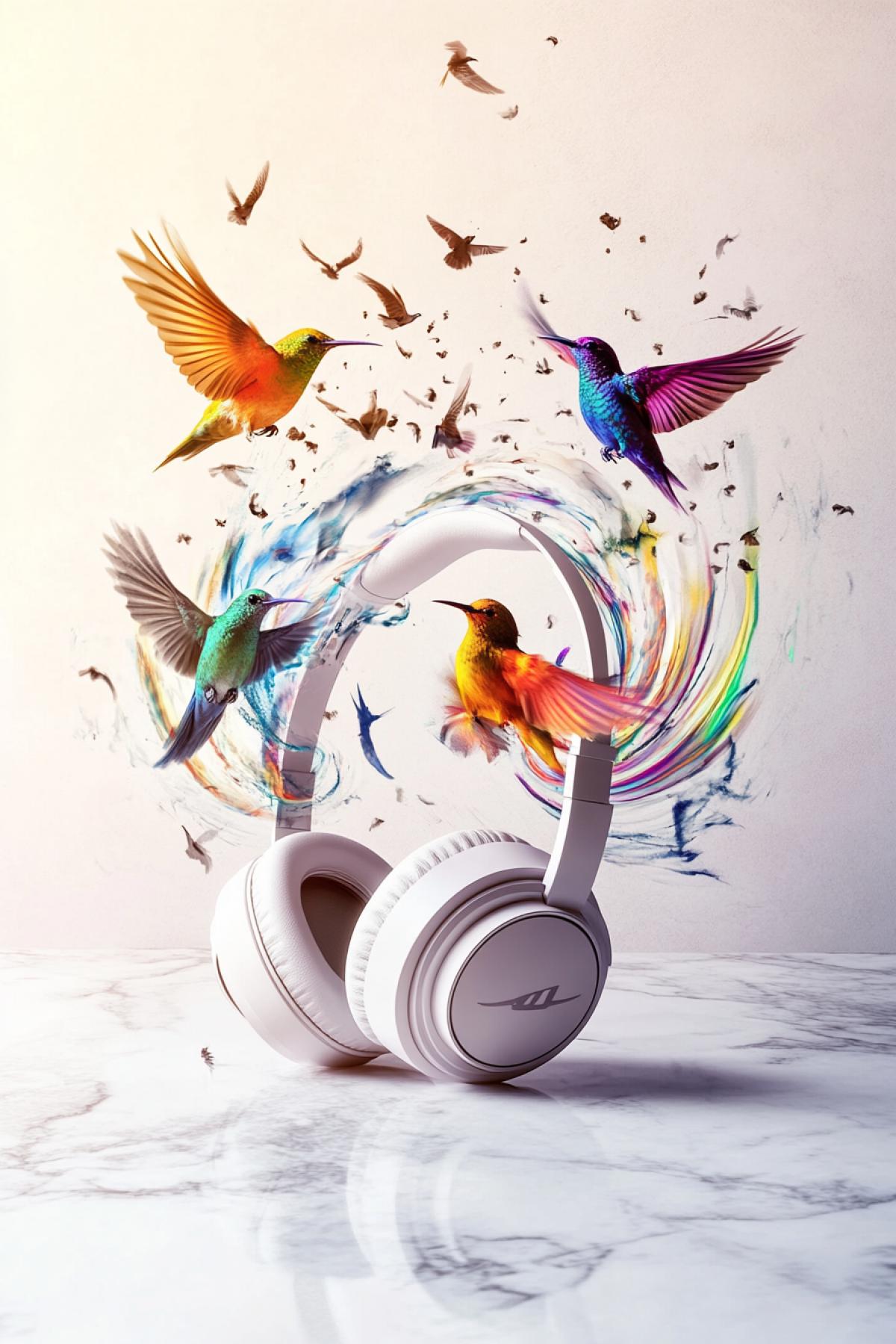 A pair of sleek, minimalist headphones resting on a marble surface, with a surreal twist: the sound waves are transforming into colorful birds flying out of the earcups, hyper-realistic, soft pastel tones, elegant and artistic com4k