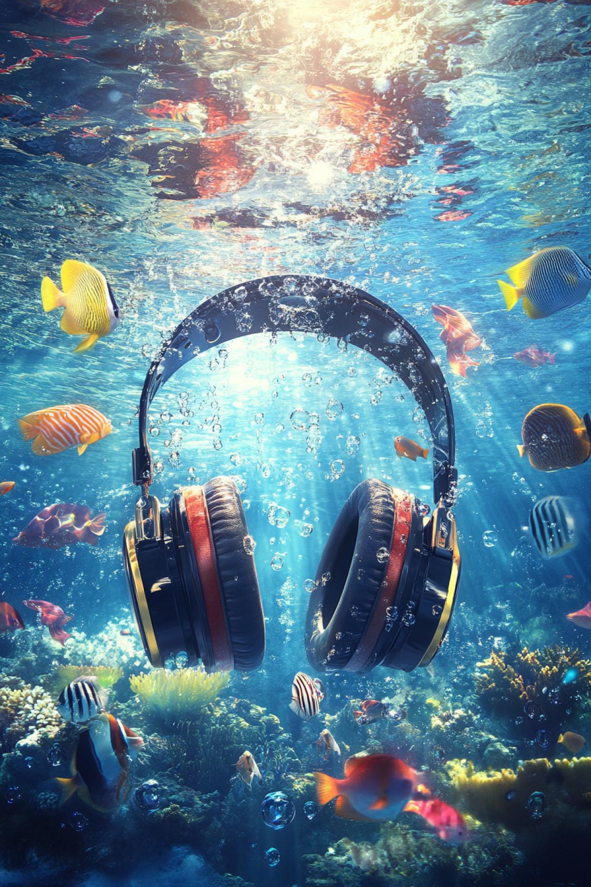 Headphones submerged in a crystal-clear underwater scene, with tropical fish swimming around them, bubbles rising, and sunlight refracting through the water, ultra-realistic, vibrant colors, serene and atmosphere