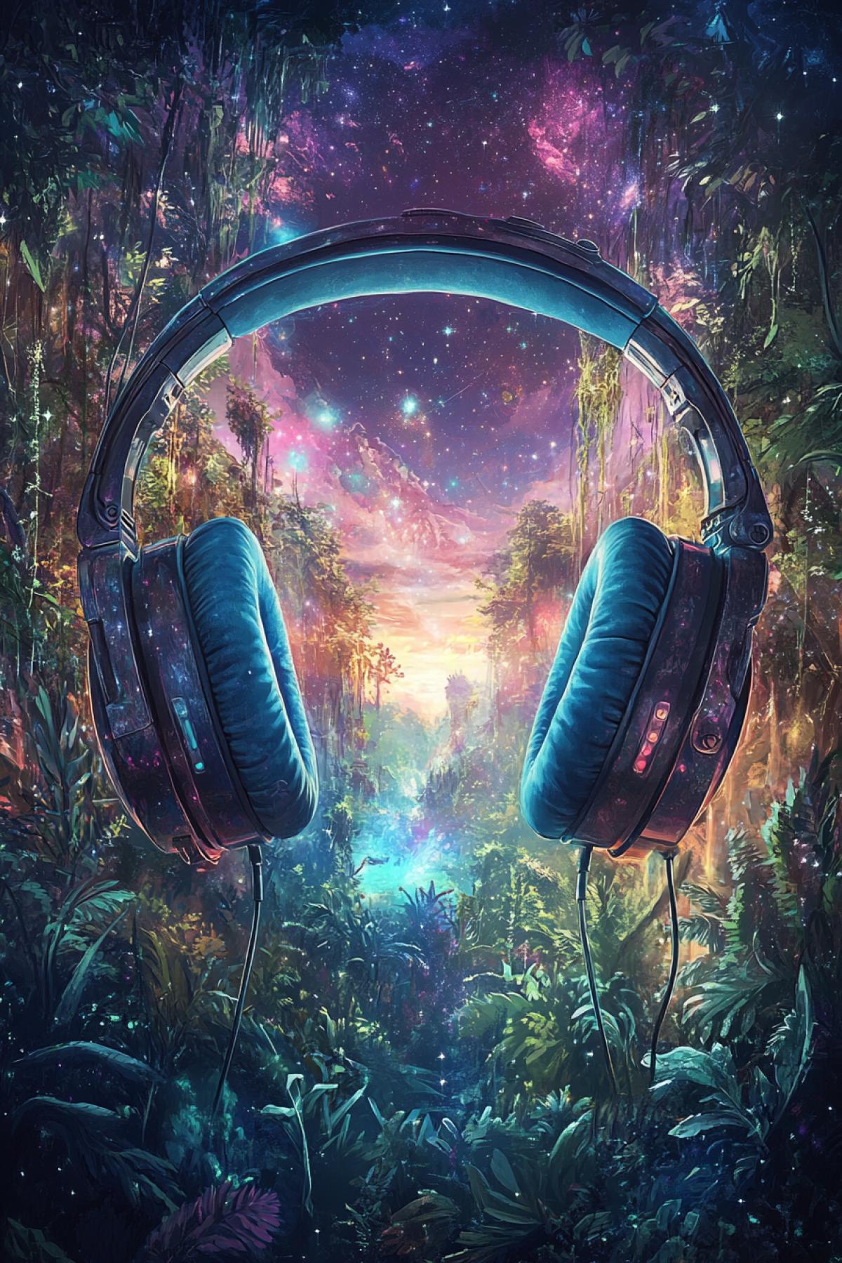 Headphones as the centerpiece of a surreal dreamscape, with the earcups opening into portals to different worldsone showing a galaxy, the other a lush forest, magical and fantastical, vibrant and imaginative, highly detailed, ethereal lighting