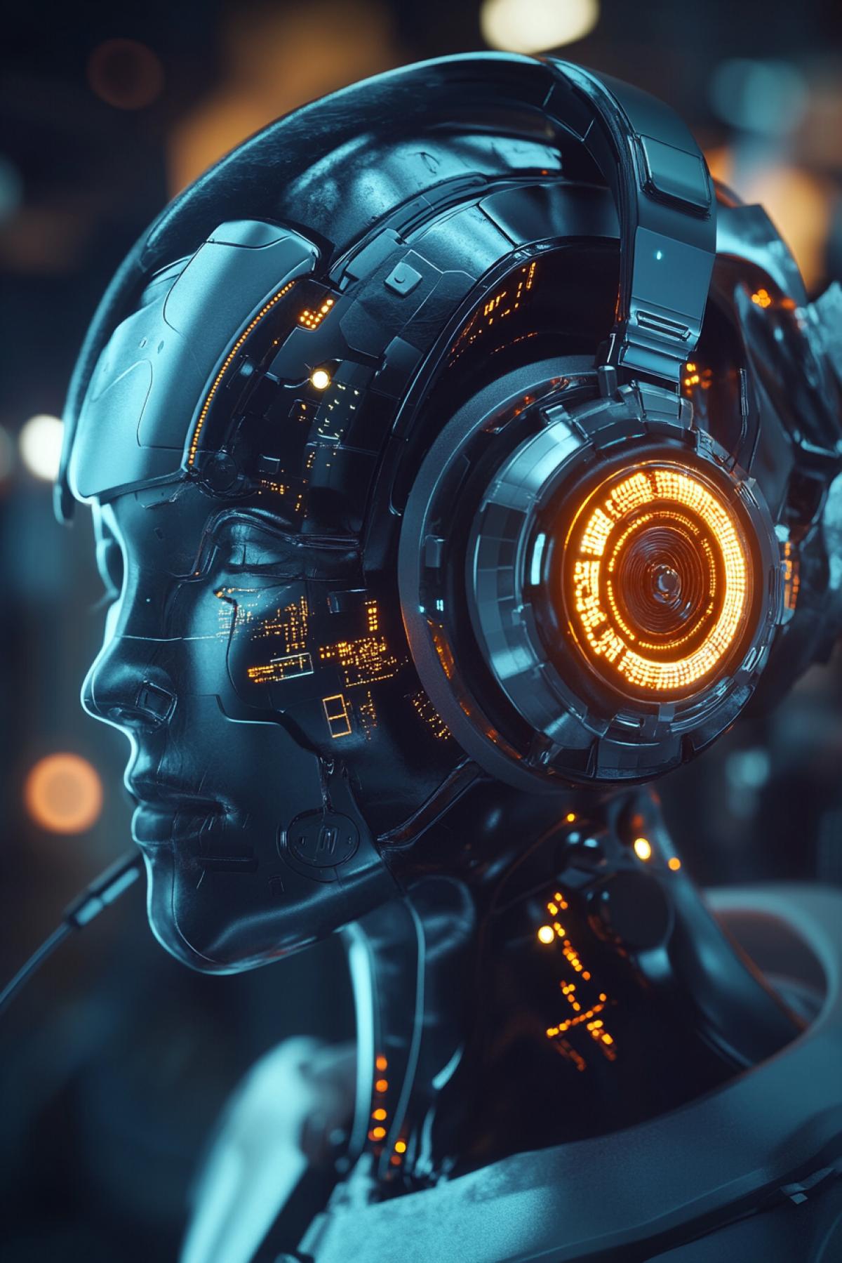 A pair of headphones integrated into a futuristic robots head, with glowing circuits and mechanical details, set in a high-tech lab with holographic interfaces, sci-fi style, metallic textures, dramatic lighting, and a sense of innovation
