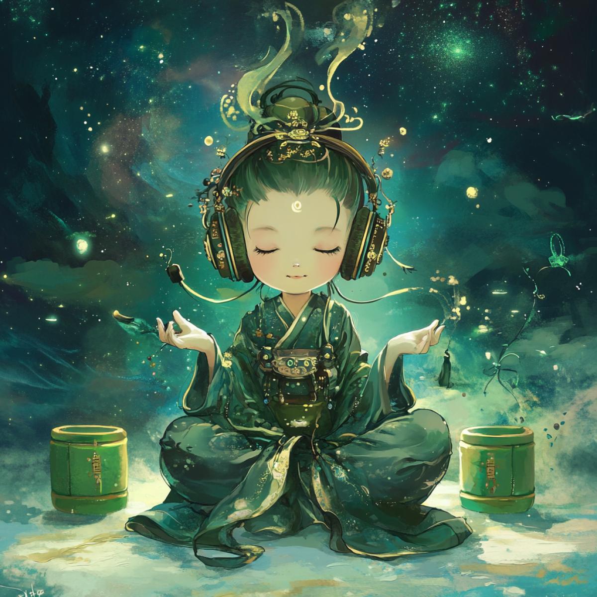 Guasha, anime Chibi, space, Buddhist style painting, green containers and Buddha in headphones