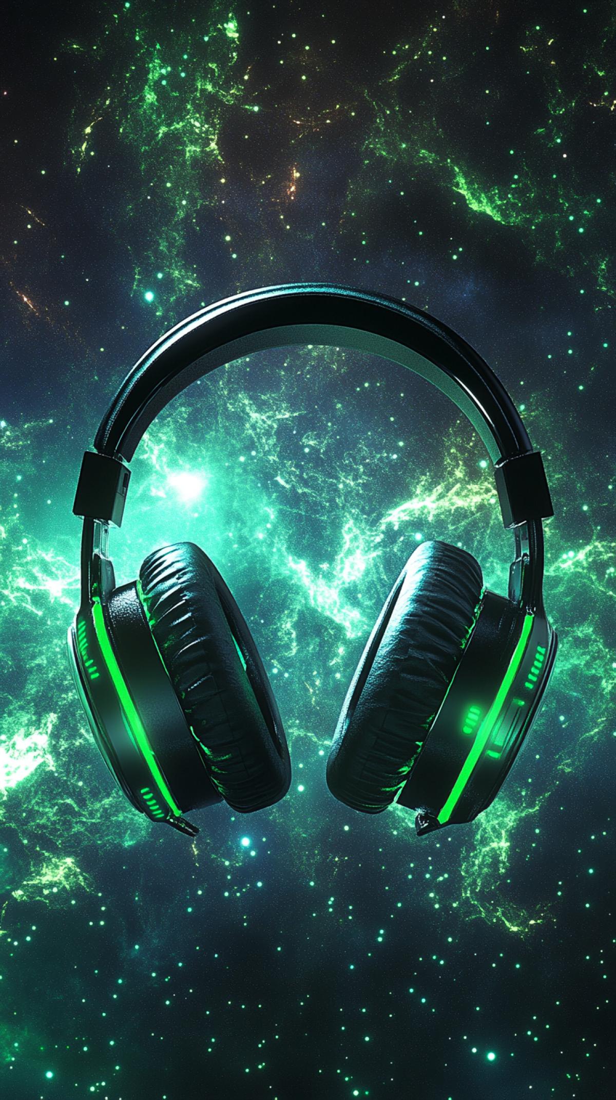Futuristic sci-fi headphone concept, photorealistic, modern futuristic minimalism, green and silver, space background