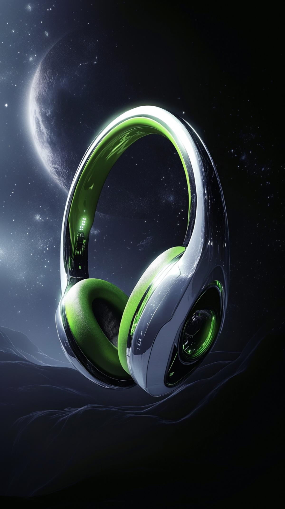 Futuristic sci-fi headphone concept, photorealistic, modern futuristic minimalism, green and silver, space background