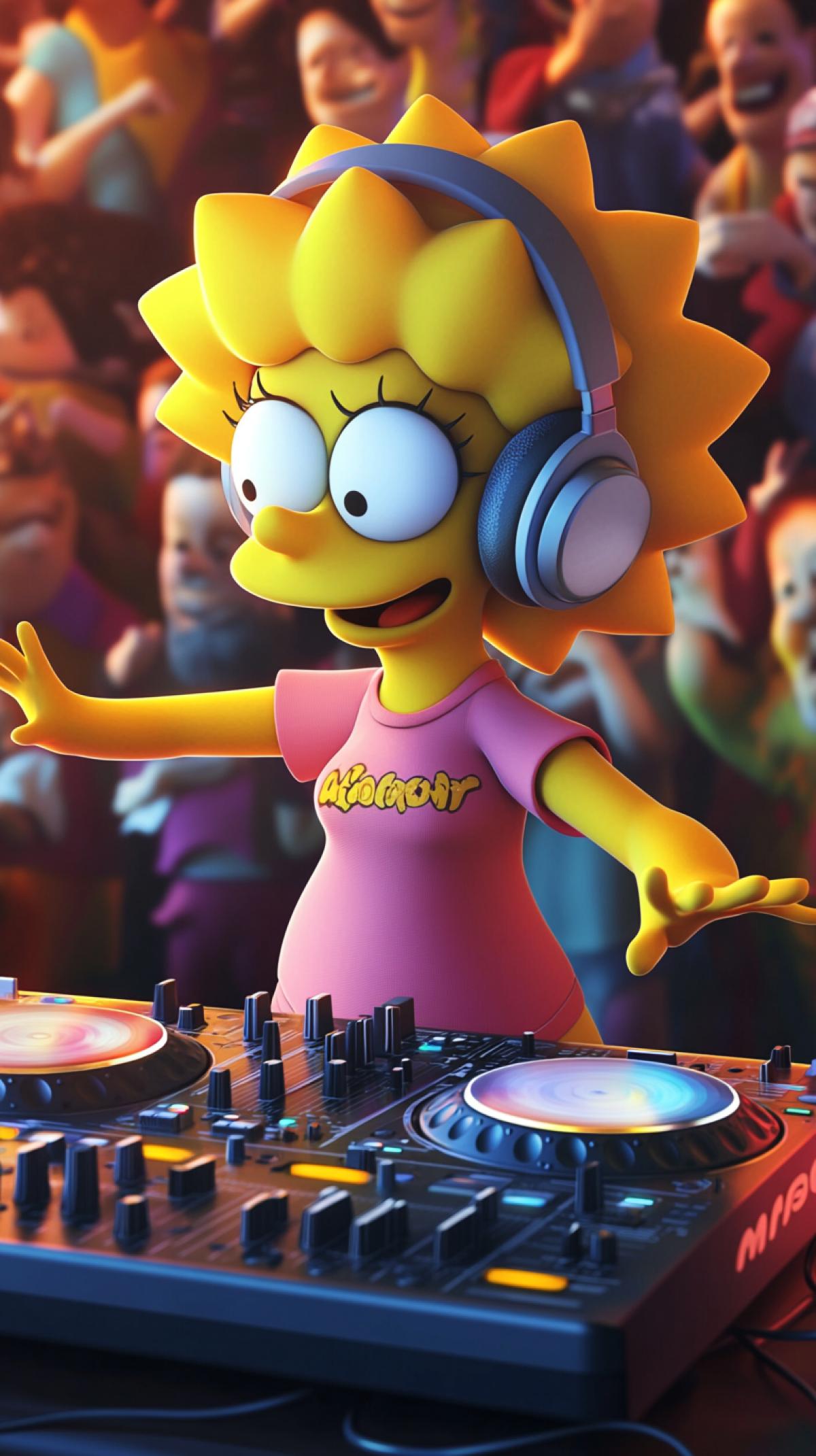 Lisa Simpson is a 3D cartoon, wearing headphones, she is a DJ, in front of her is a crowd of admiring people, high detail