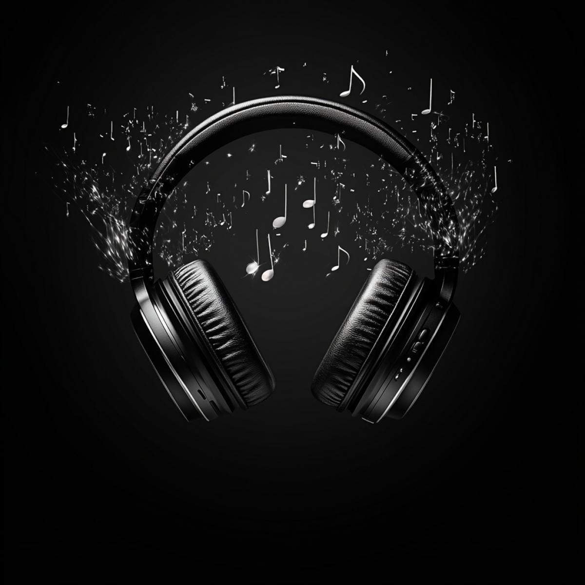 Headphone advertising poster. Burundunes sing in headphones, from which sounds and notes fly away to convey the uniqueness of the product: emphasize its modern design, crystal pure sound and comfort.