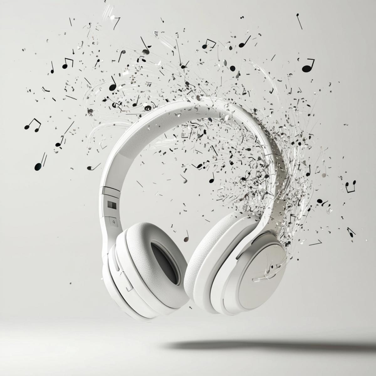 Headphone advertising poster. Burundunes sing in headphones, from which sounds and notes fly away to convey the uniqueness of the product: emphasize its modern design, crystal pure sound and comfort.