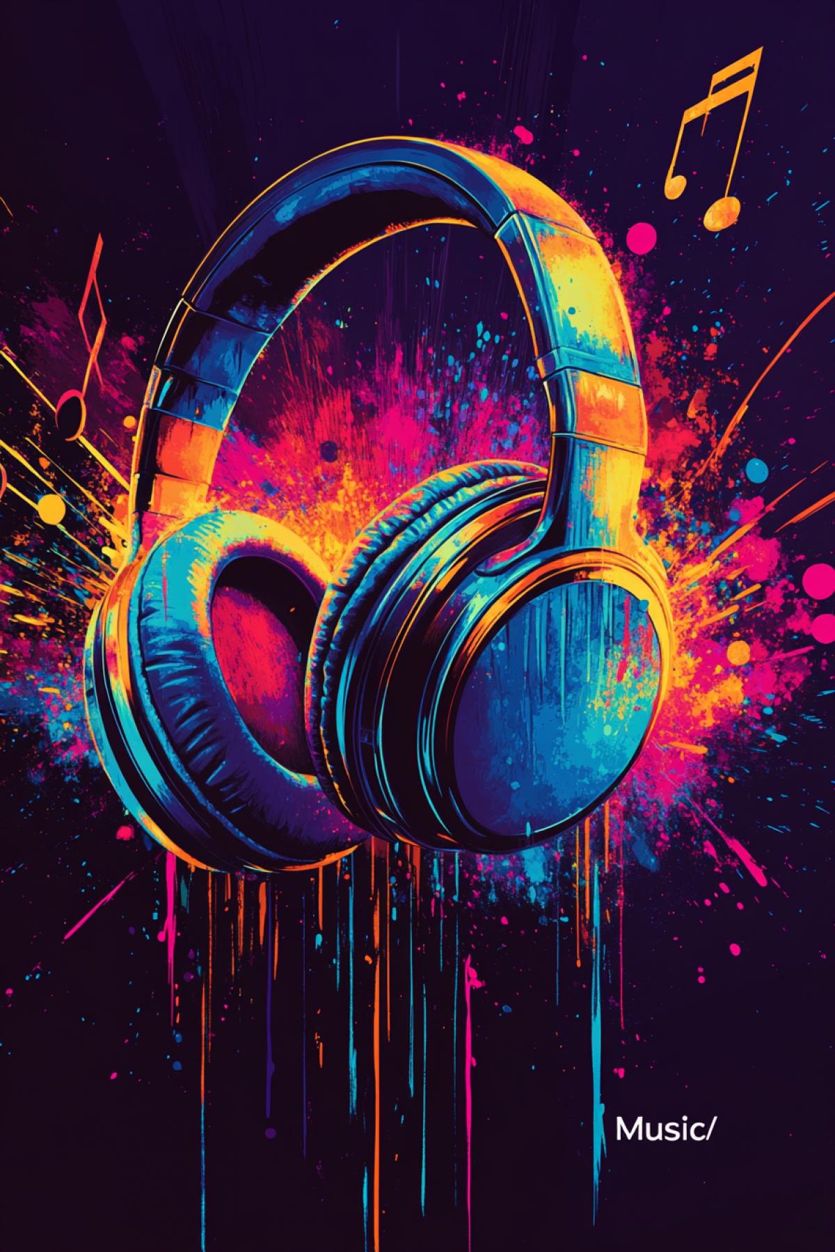 Large headphones, social advertising, minimalism, dynamics, musical notes, joy, flicker, realistic image, photoshop, poster, logo, enjoyment, psychedelic, large inscription \"Music\"