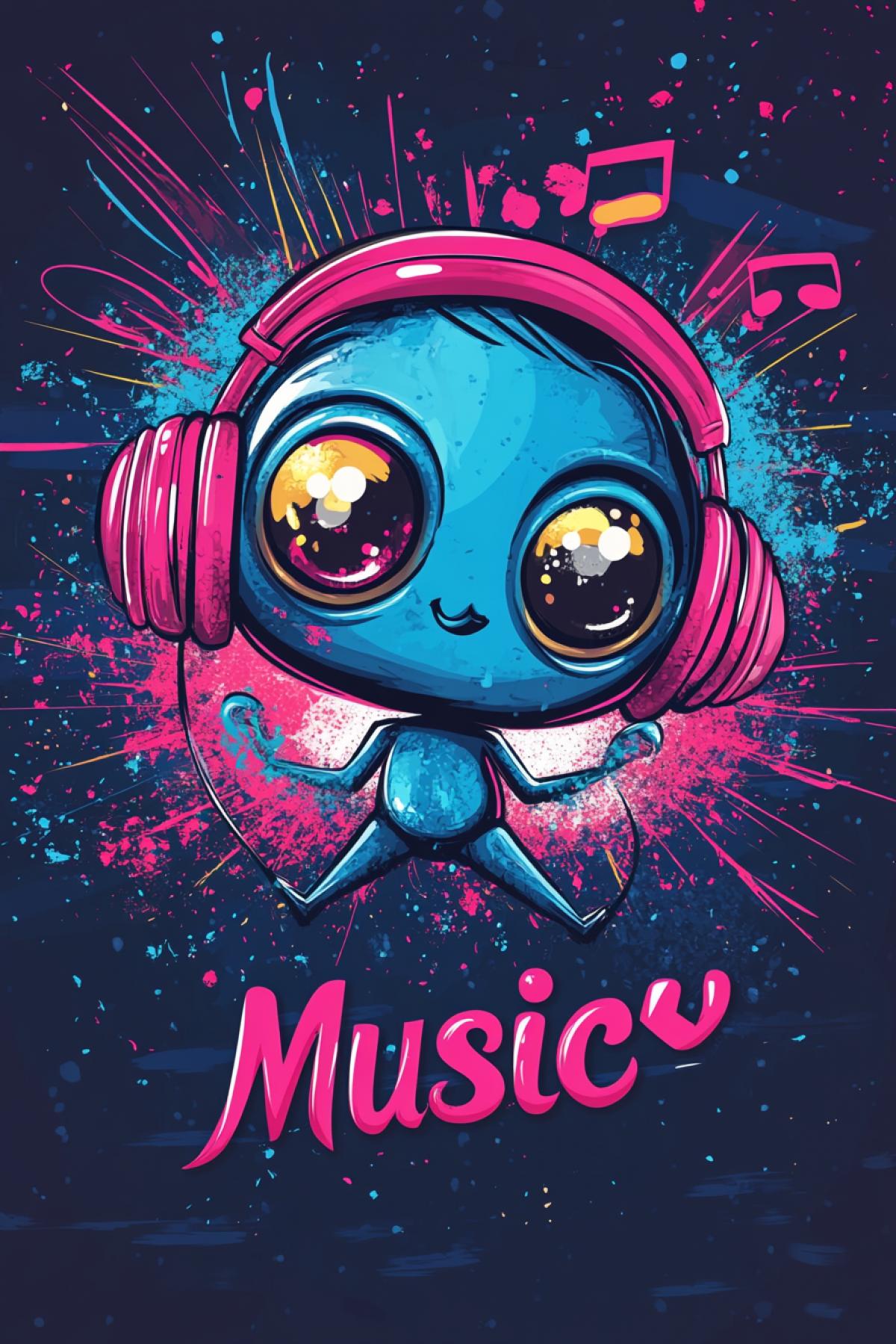 Cute spider punk with big eyes in large headphones, social advertising, minimalism, movement, musical joy, flicker, realistic image, photoshop, poster, logo, enjoyment, psychedelics, big inscription \"Music\"