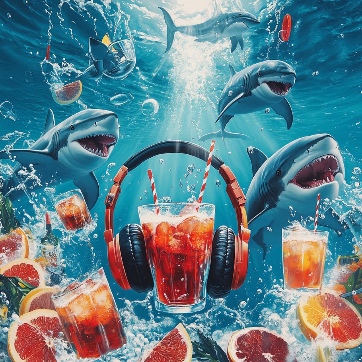 Advertising, headphones from which there is a vibration under water, sharks and dolphins around rejoice and drink cocktails