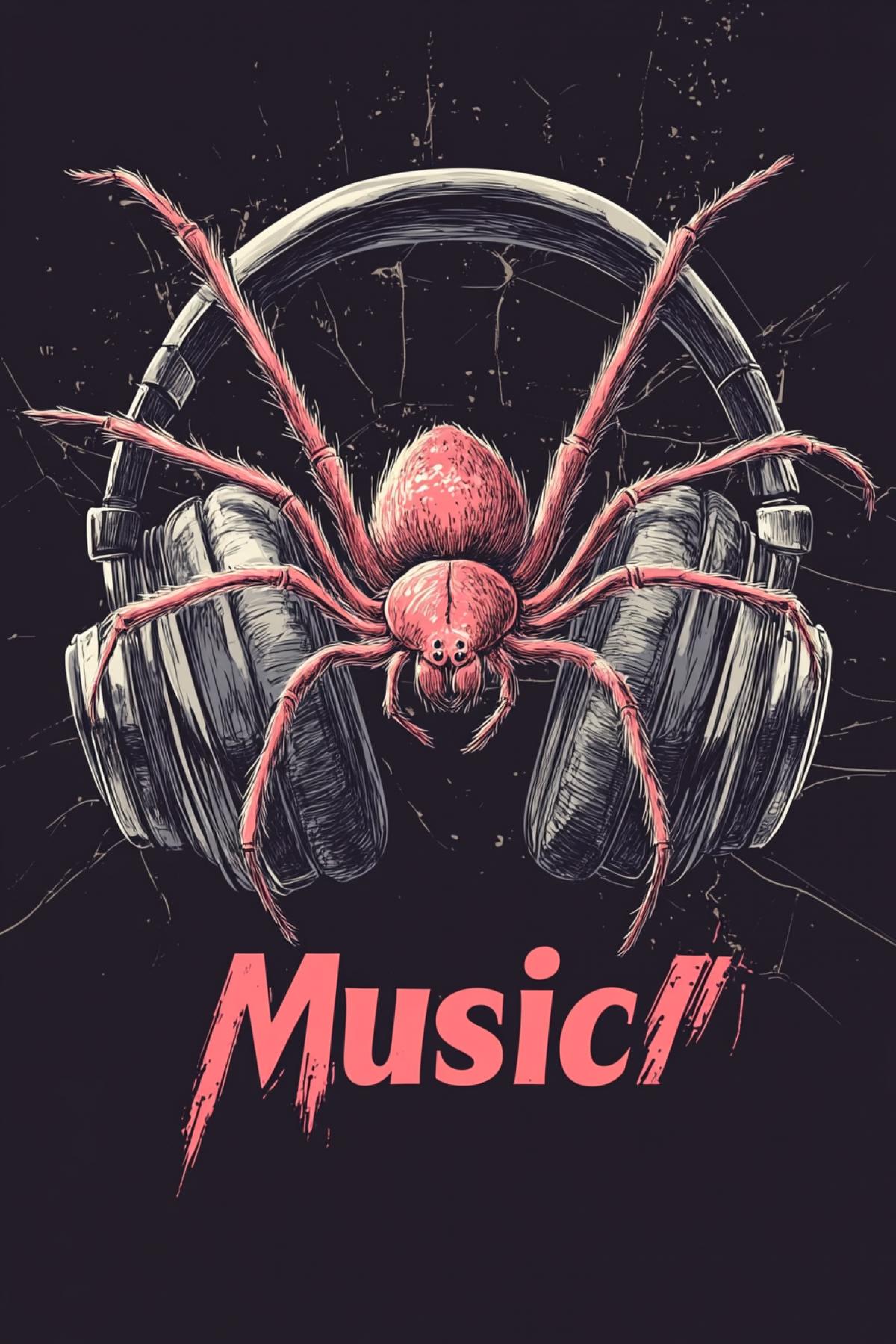 Sweet spider in large headphones, social advertising, minimalism, movement, musical joy, flicker, realistic image, photoshop, poster, logo, enjoyment, psychedelic, large inscription \"Music\"
