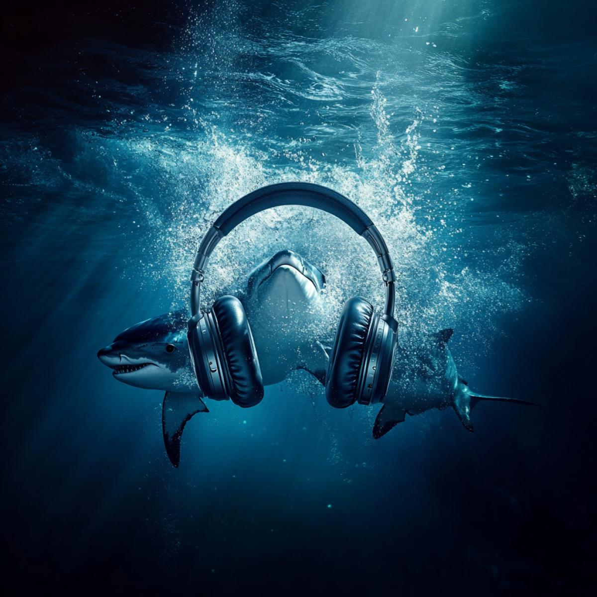 Advertising, headphones from which there is vibration and waves under water, sharks and dolphins rejoice