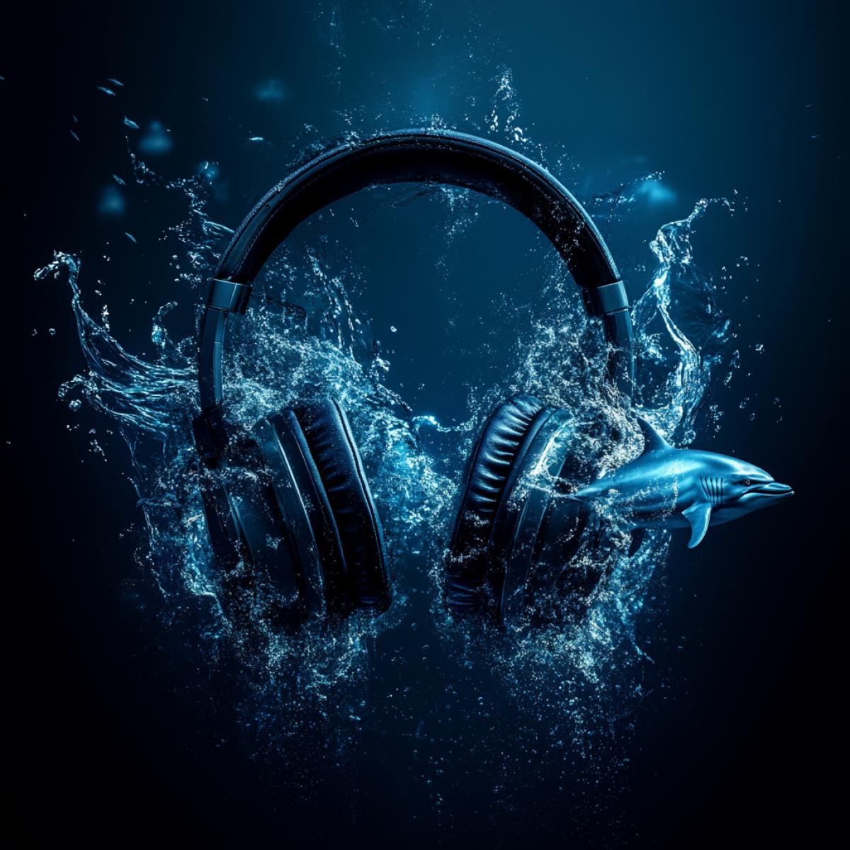 Advertising, headphones from which there is vibration and waves under water, sharks and dolphins rejoice