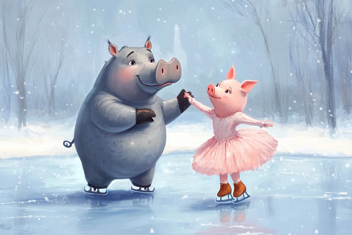 Hippopotamus-boy and pig-ballerina-girl dance figure skating on ice