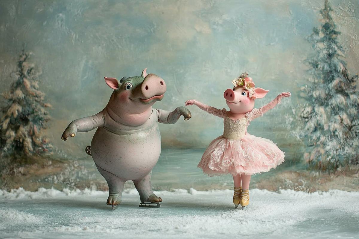 Hippopotamus-boy and pig-ballerina-girl dance figure skating on ice