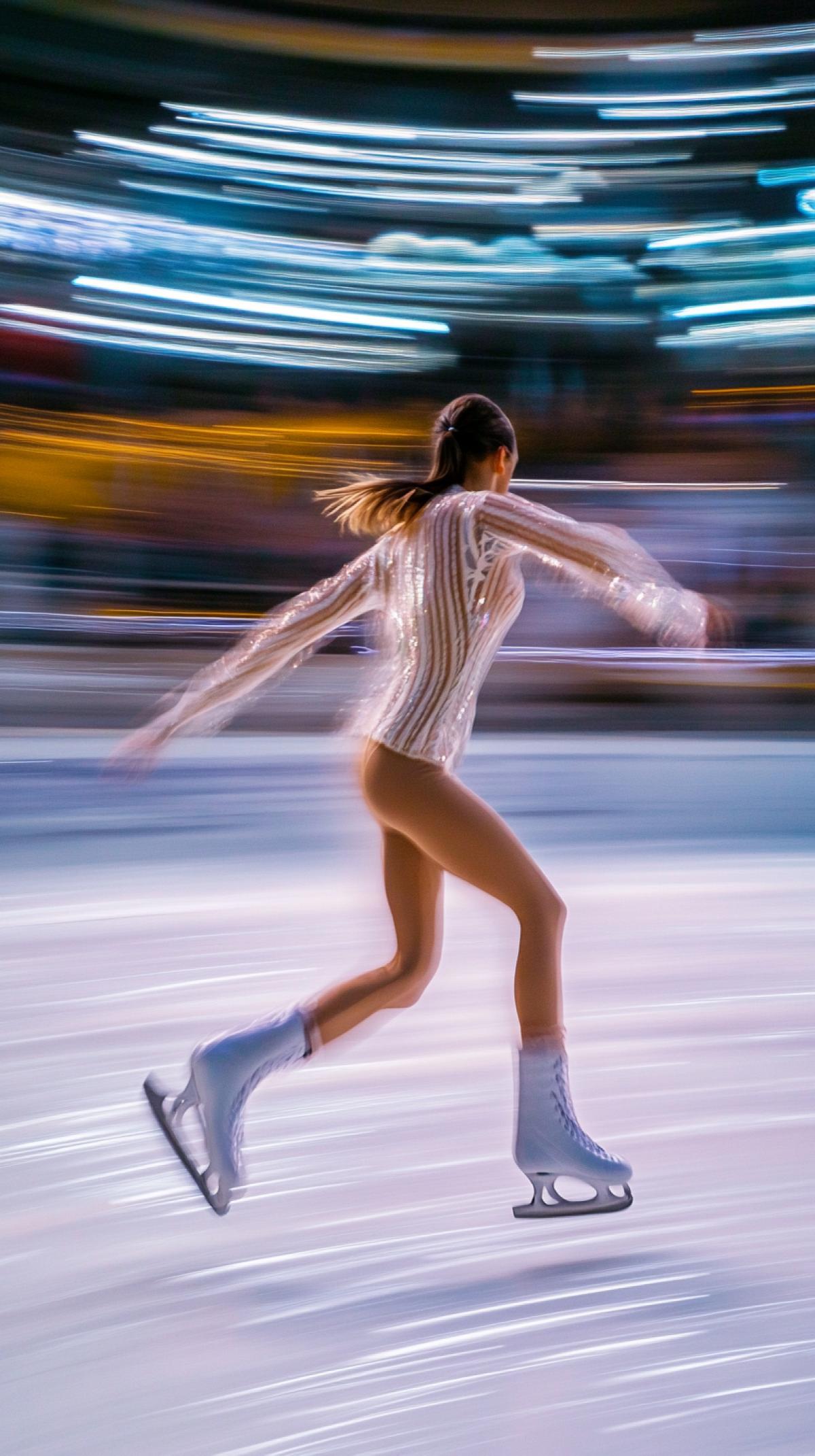 Figure skating competitions on ice skating, fast rotation around you. Everything is blurred in speed