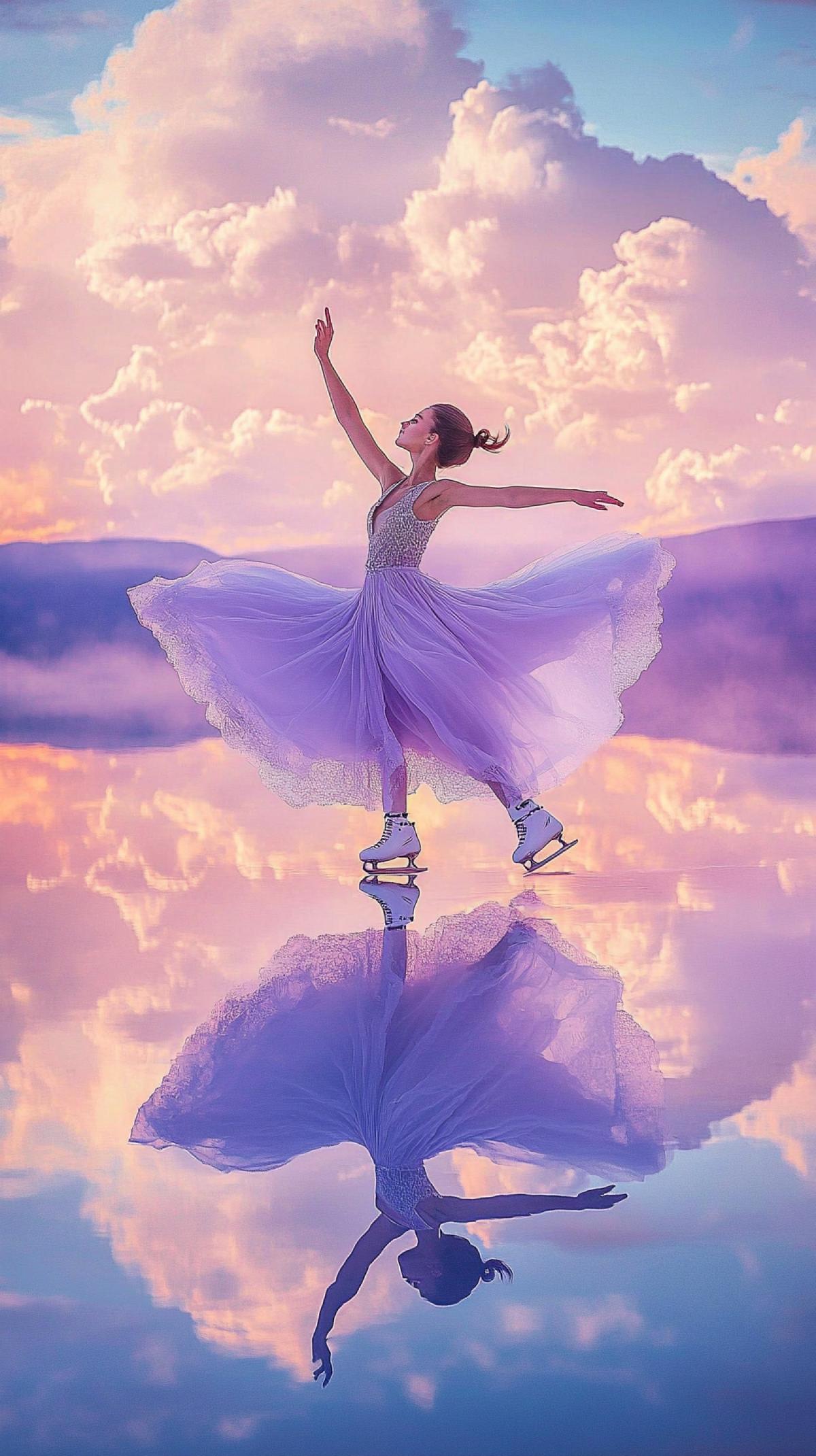 Figure skating. A beautiful girl in skates in a purple and white dress, gracefully dancing on the surface of a mirror of an endless sky-blue lake surrounded by pink clouds. Reflection as clear as glass, demonstrating its elegant movements. She wears a dress with delicate lace details, which smoothly combine in soft pastel colors of the environment. Captured at different angles to demonstrate various prospects and emotions. Dynamics. High resolution and HDR. Sony Alpha a7 III m lenses Sony Fe