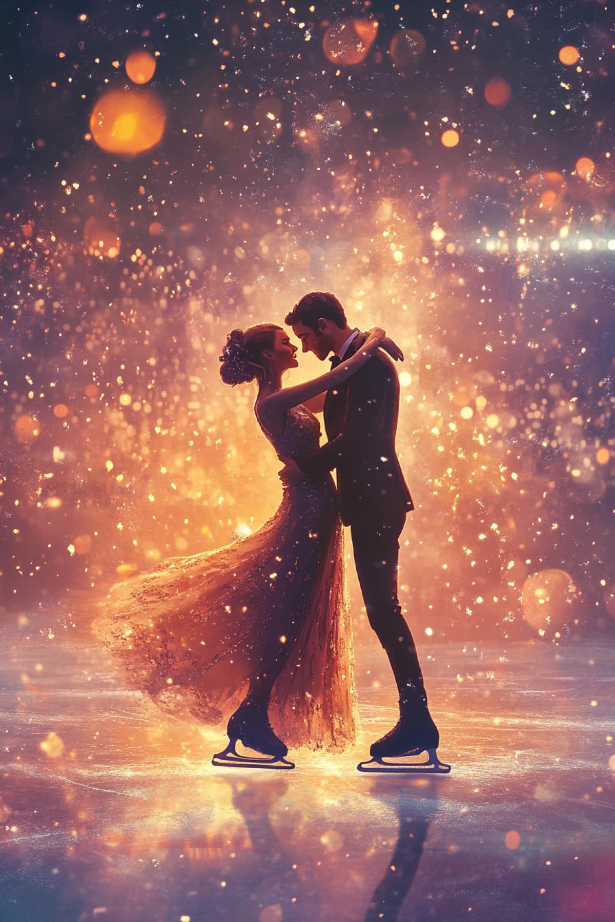 A pair of skaters in a romantic dance on ice, their movements are synchronous and full of , costumes in the style of Ar-Deco, around them-the flickering lights of the stadium, the audience is delighted, emotions froze in the air, the style of a cinematic illustration