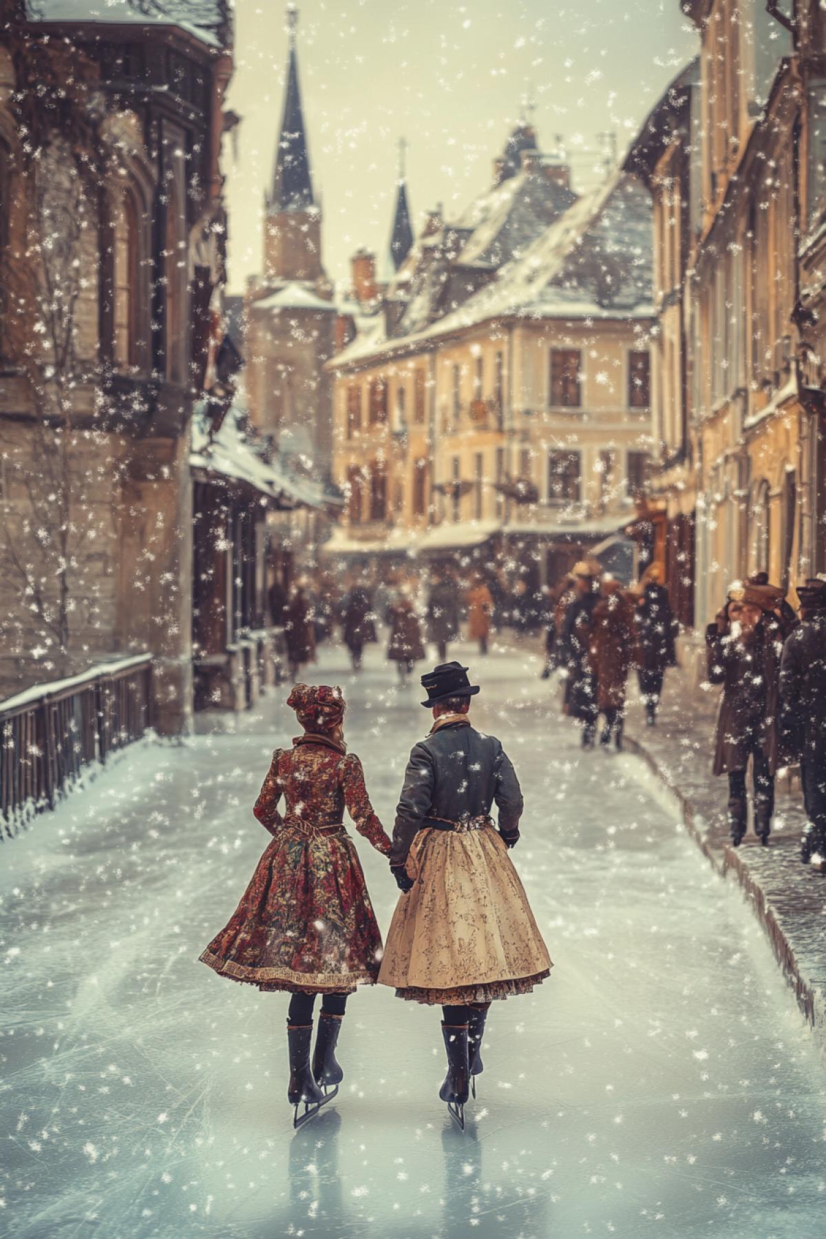 Historical reconstruction: the skaters of the 19th century in traditional costumes skating on a frozen channel surrounded by ancient buildings, the snow is softly falling, the atmosphere of an old postcard, warm tones and vintage style