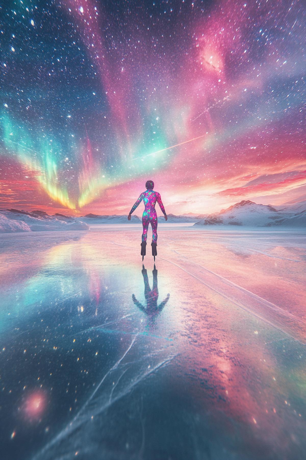 Fantastic scene: the skater in a suit inspired by the northern lights slides along the mirror surface of the frozen lake, around it is magical outbreaks of light, the sky shimmers with all the colors of the rainbow, the style of surrealism and fantasy