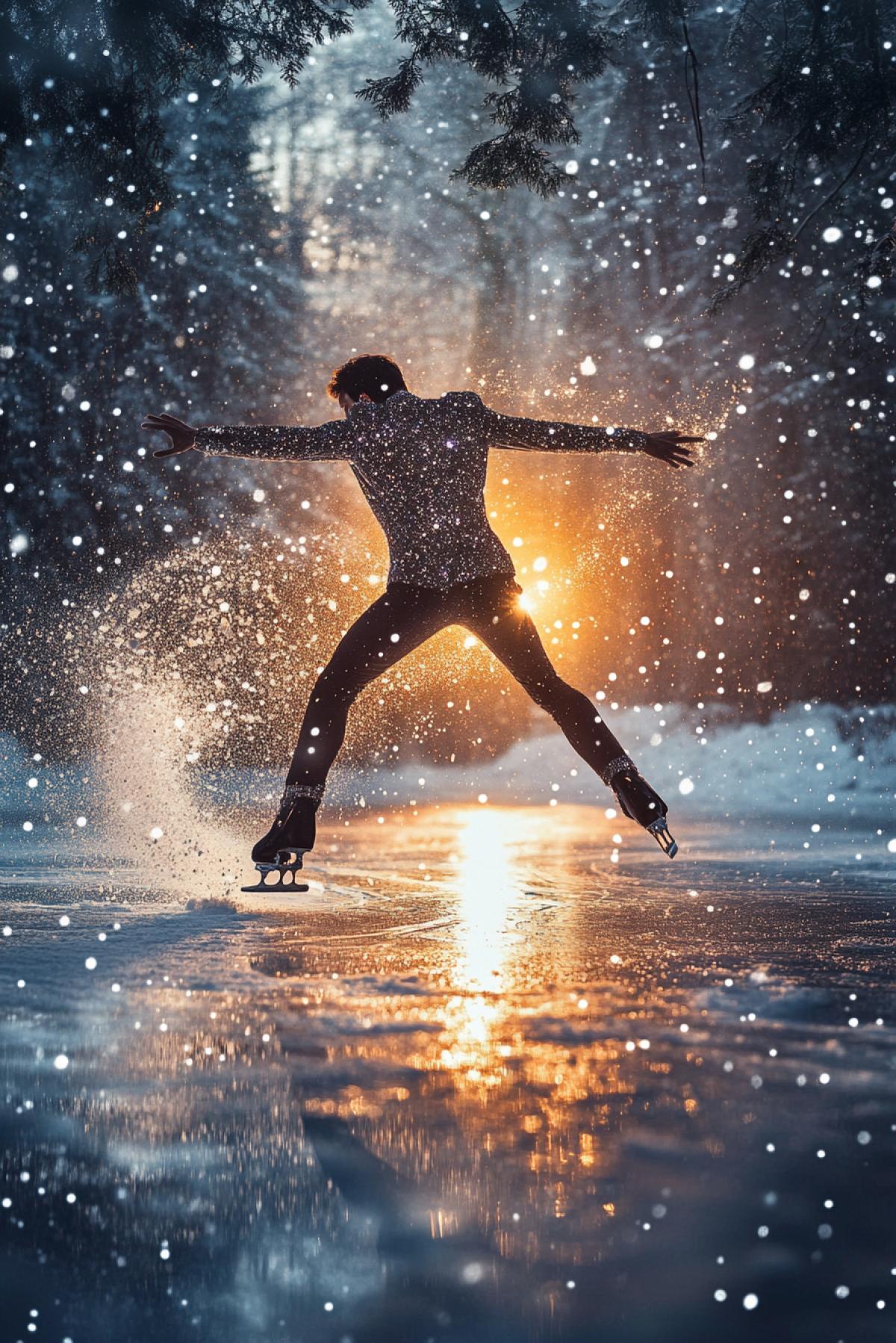 An elegant skater in a sparkling suit, performing an ideal ice jump surrounded by sparkling spray of ice, background snowcovered forest, evening lighting, atmosphere of magic and grace, highly detailed image, dynamics of movement