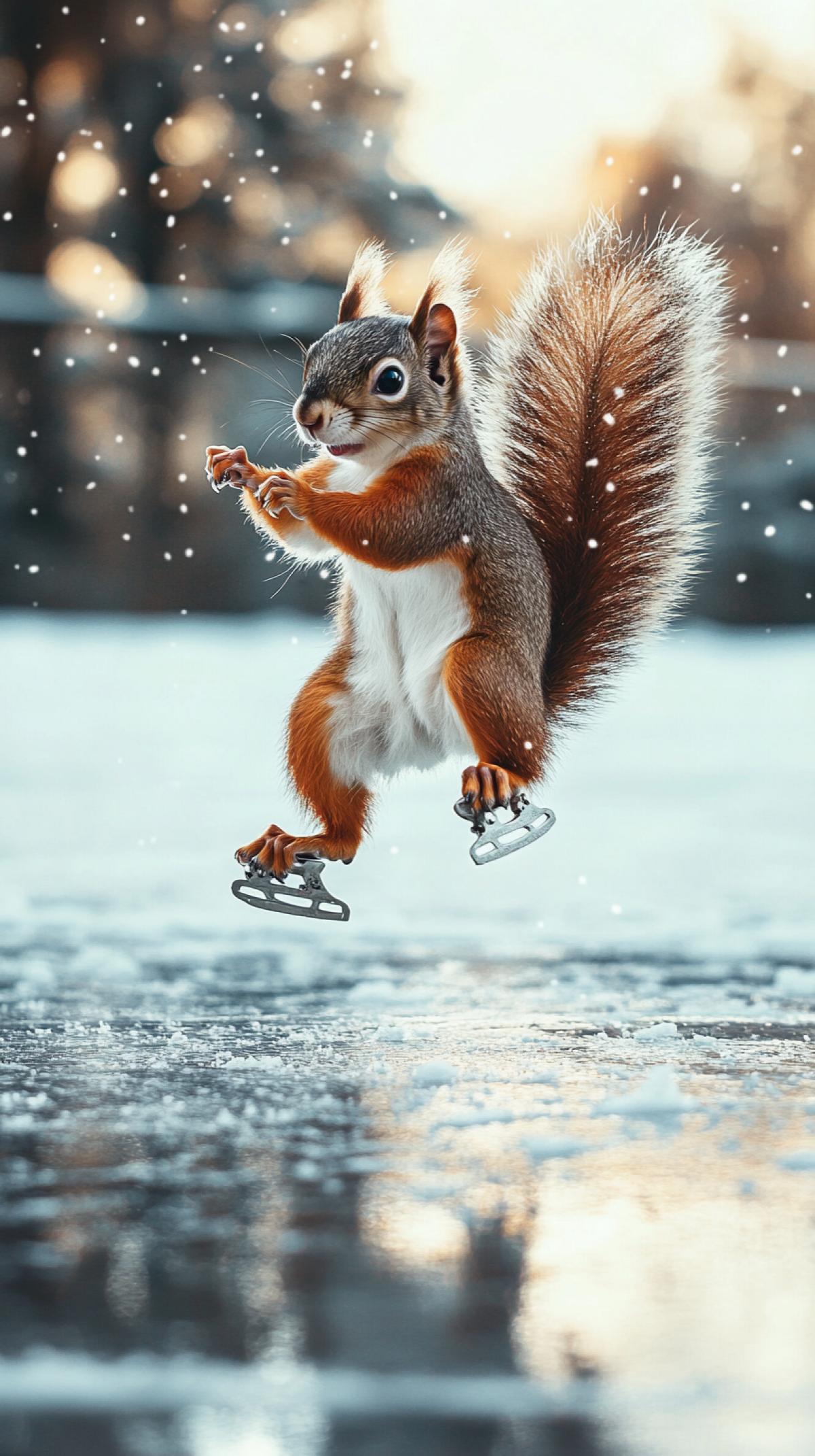 Squirrel on skates for figure skating on ice makes double somersault