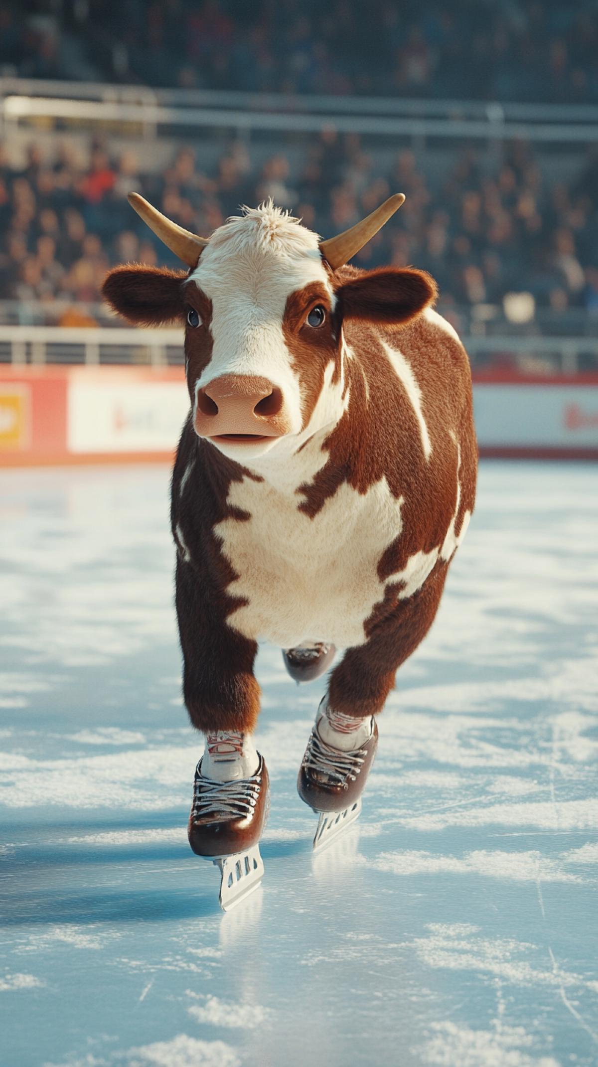 Cow on ice in skates. There are spectators in the stands. Ice arena. Figure skating competition.