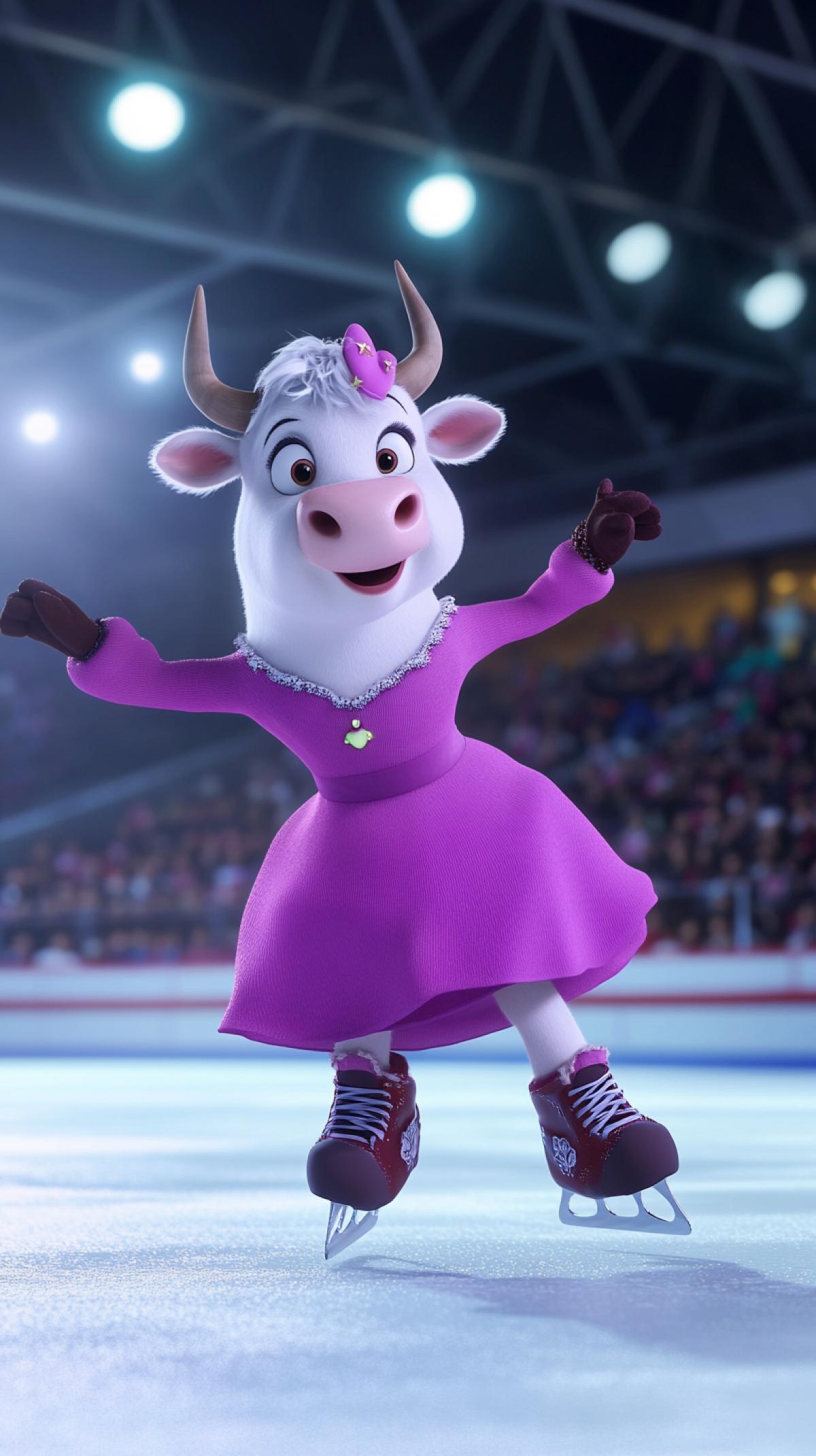 Humanized cow on ice in skates and dress. There are spectators in the stands. Ice arena. Figure skating competition. Cartoon 3D, in the style of Disney Pixar