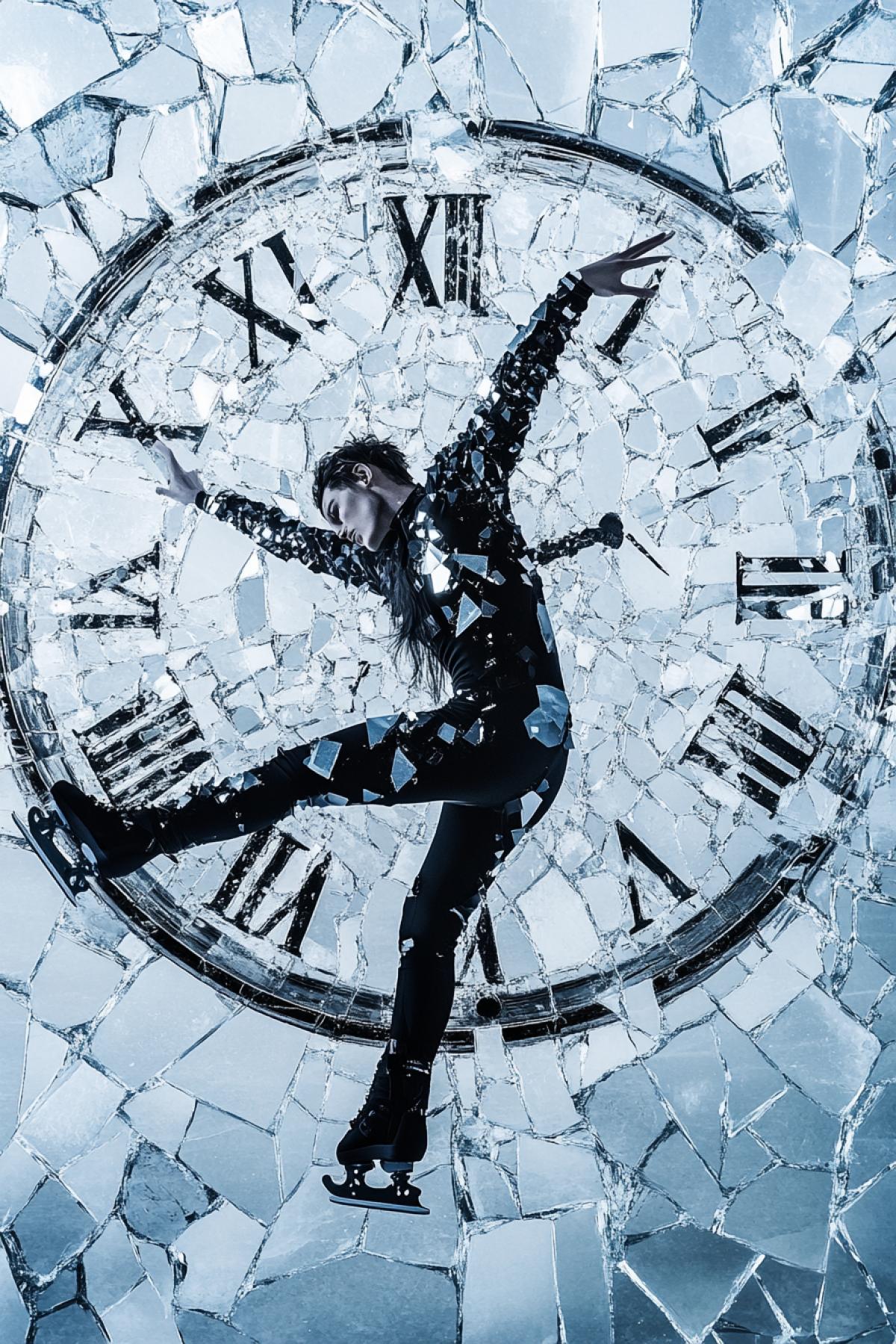 A surreal self-portrait of time: the skater in the Homeleon costume (shimmers from dark to mother of pearl) performs an axel against the backdrop of a big watch, where instead of numbers-an era of art (from revival to Cyberpan). Ice underfoot a mosaic of broken mirrors, reflecting thousands of his faces. Style: Symbolism + Fantasy