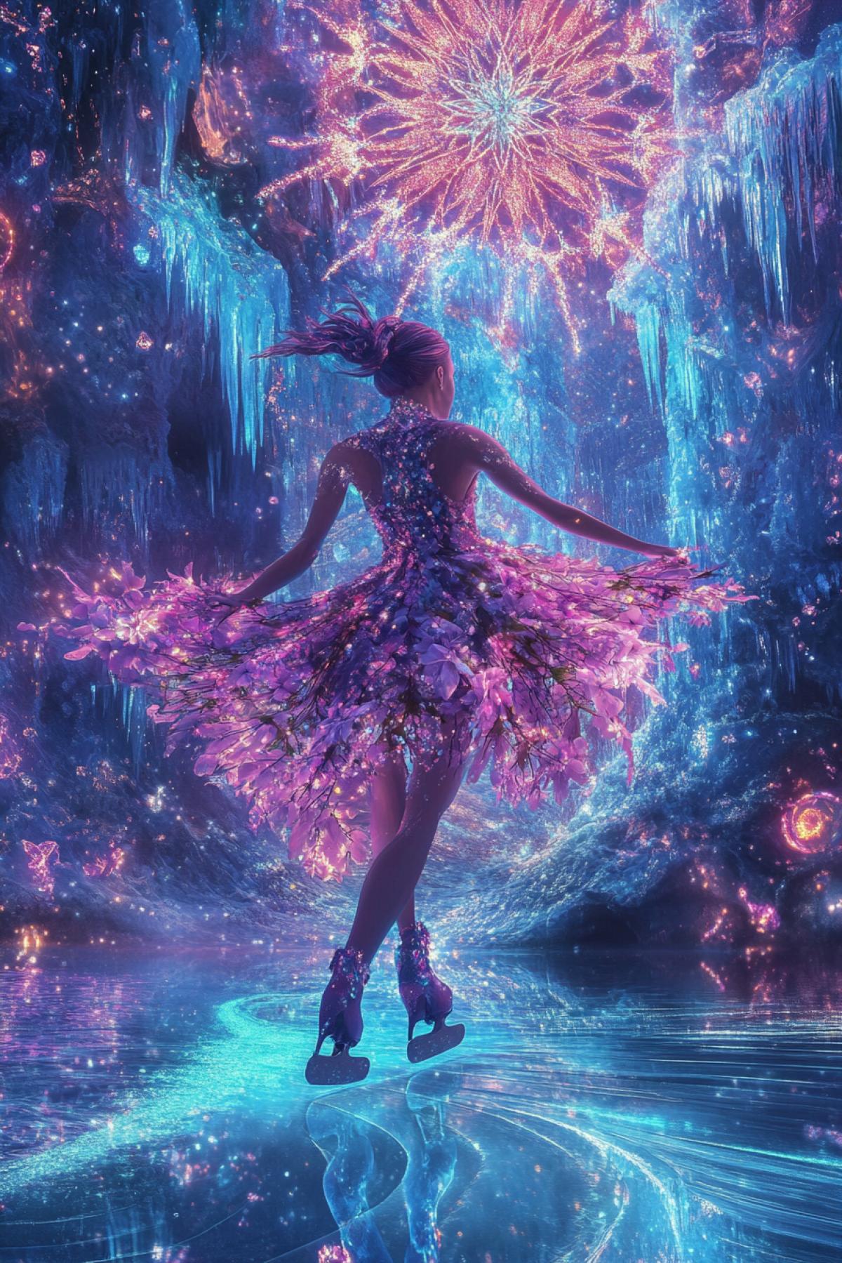 The skater in a dress from living orchids and ice crystals slides along a mirror lake in a parallel universe, where gravity works sideways: her train turns into a waterfall of frozen diamonds, and behind his back there is an explosion of shining mandalas from the light. Style: hyperrealism + surrealism, palette neon fuchsia and ice turquoise, detail 16k