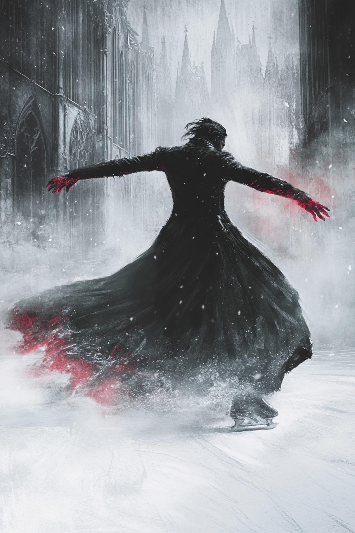 Requiem in winter: a blind skater rolled in the ruins of the castle, where as a snow ashes. His costume is woven from shadows and silver threads, and each pirouette arouses the ghosts of previous champions soaring in the form of luminous silhouettes. Dramatic light, monochrome with red liquid-red accents. Style: Gothic art with the influence of Zdislav Bucksin