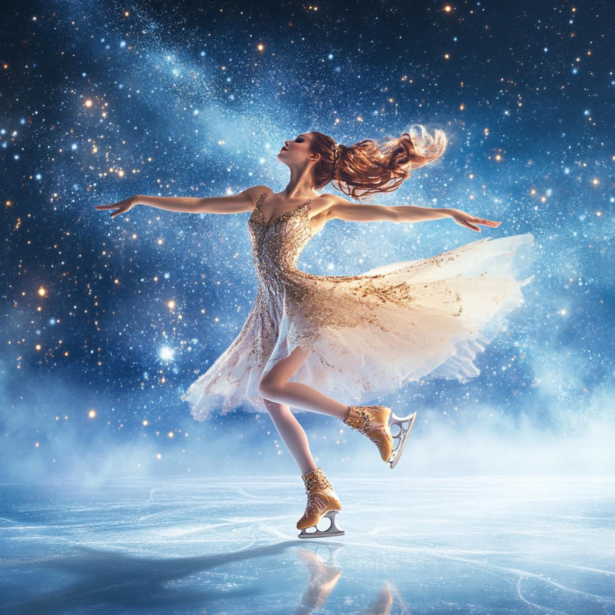 Olympic champion in a beautiful dress in skates dances on ice, wind, movement, against the background of a star, space space of high quality