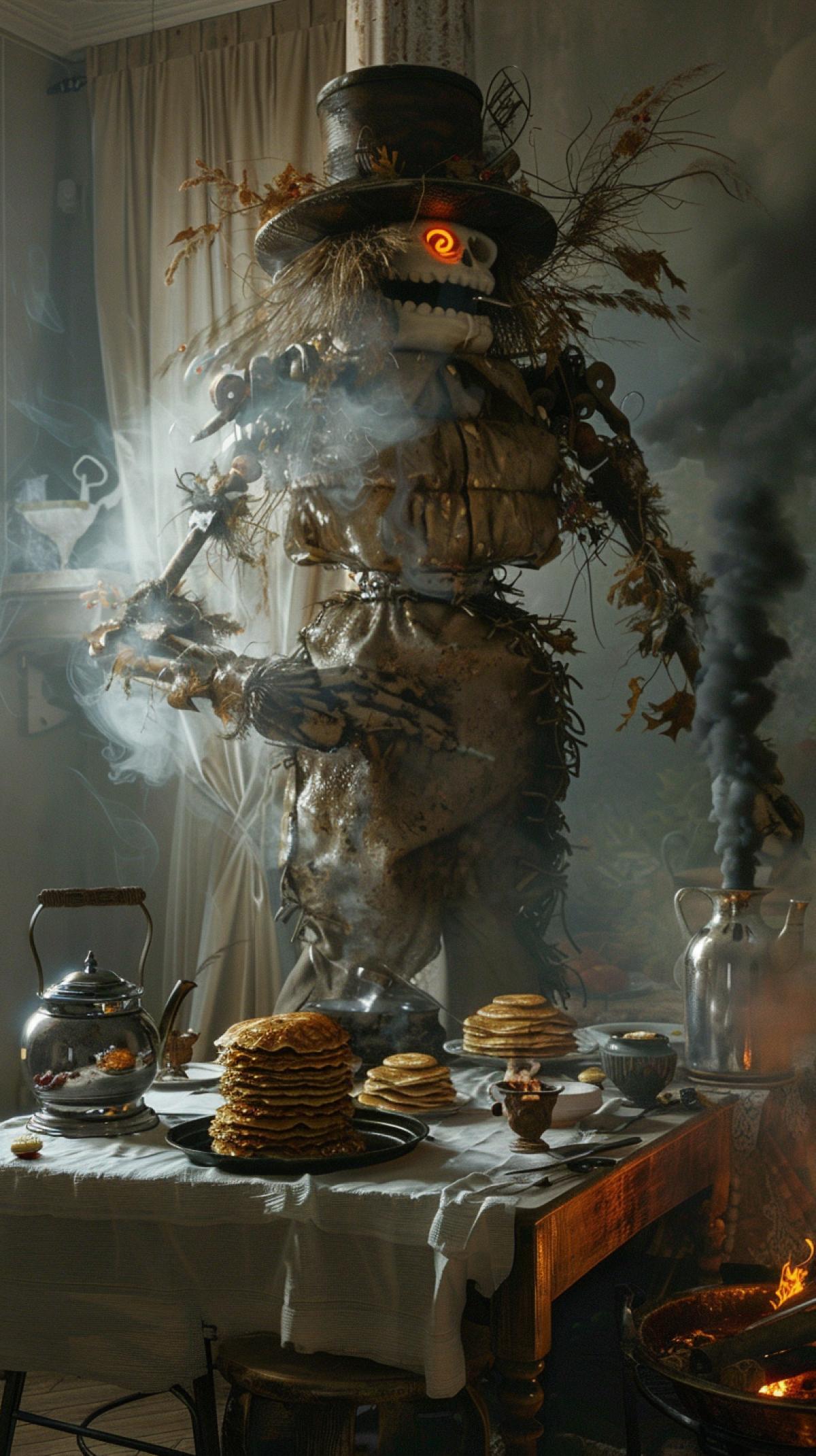 In the foreground is a table: 1C with a white tablecloth with a samovar: 0, 5 and pancakes: 0.3, in the background, a pillar: 0, 7 is a man with a torso, on the other hand a big scarecrow is burning: 0.4, atmosphere of the Russian holiday