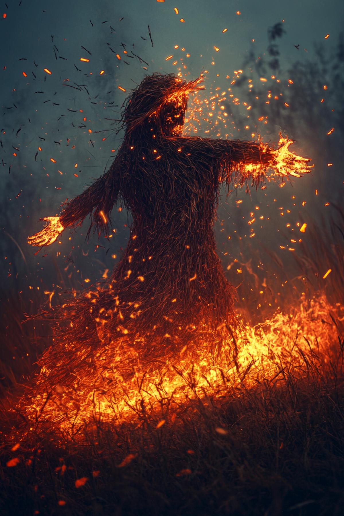 The last bonfire of winter: a big scarecrow of Shrovetide, turning into a phoenix of fire and ash. Its decaying straw hands scatter into a flock of luminous firewood, and underfoot-a carpet of pancakes with patterns of ancient Slavic runes. Style: Dark Romanticism + Fantasy, red liquid-Red and Golden Tones, Detailing Like Arthur RECHEM