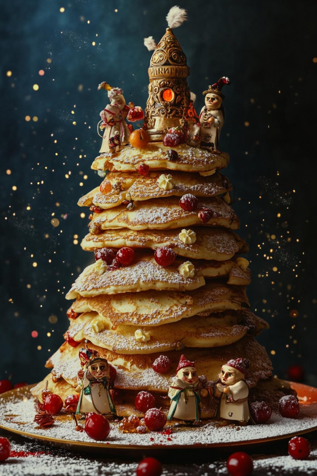 A feast on the edge of the world: a surreal mountain of pancakes with a height of a bell tower, on the top of which mummers are dancing in masks made of carved wood. Each pancake glows from the inside, like amber, and around is a blizzard of cherries and sparks. Style: Hyperbolized folk art with the influence of Gustav Klimt, ornaments in the spirit of ancient Russian embroidery