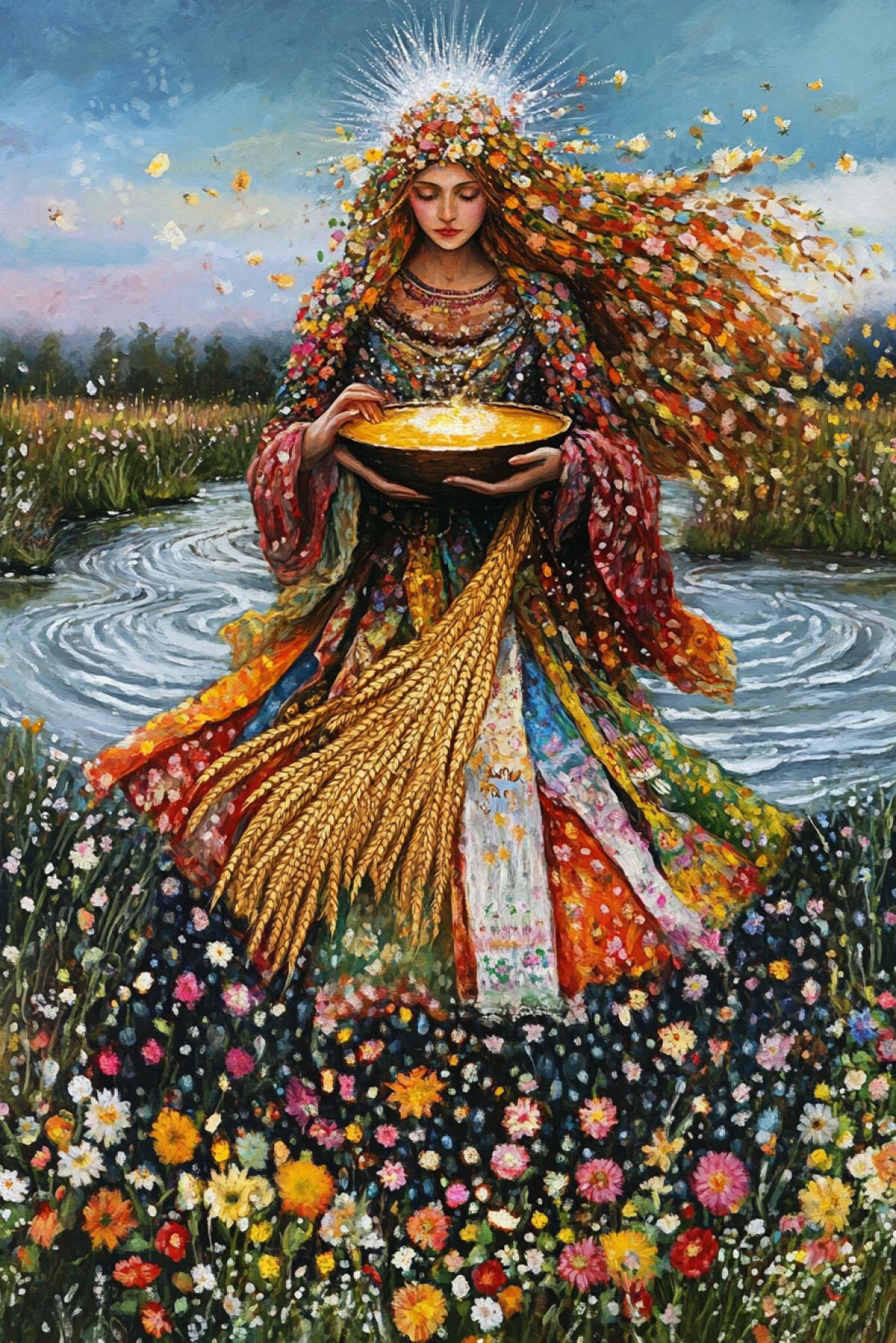 Maslenitsa goddess: a woman in a dress of hundreds of painted scarves, her hair is woven wheat ears, and instead of her face a shining solar disk. She walks along the melted river, flowers grow behind it, and in her hands a bowl with honey, where dancing evil spirits are reflected. Style: mystical realism in the spirit of Zinaida Serebryakova + allusia on Slavic idols