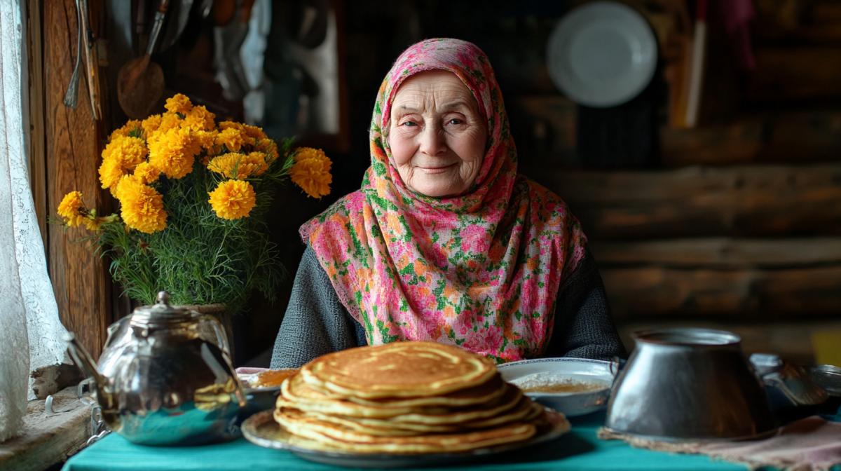 Maslenitsa, Russia, a village grandmother in a flower national scarf, pancakes in a village cuisine, a Russian village, against the backdrop of rustic utensils of a Russian village, a table is beautifully set, pancakes with a slide, high detail, aesthetically, beautiful, realistically, professional photo