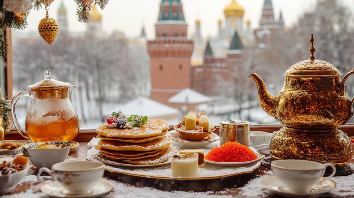 The table in a restaurant in the Russian style, pancakes are beautifully laid in a hill, red caviar, sauces, honey, samovar, tea cups. Against the background of the Kremlin, Moscow, snow. Carnival. Highquality photo, aesthetically
