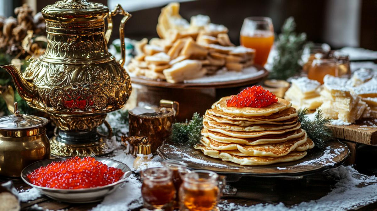 The table in a restaurant in the Russian style, pancakes are beautifully laid in a hill, red caviar, sauces, honey, samovar, tea cups. Against the background of the Kremlin, Moscow, snow. Carnival. Highquality photo, aesthetically
